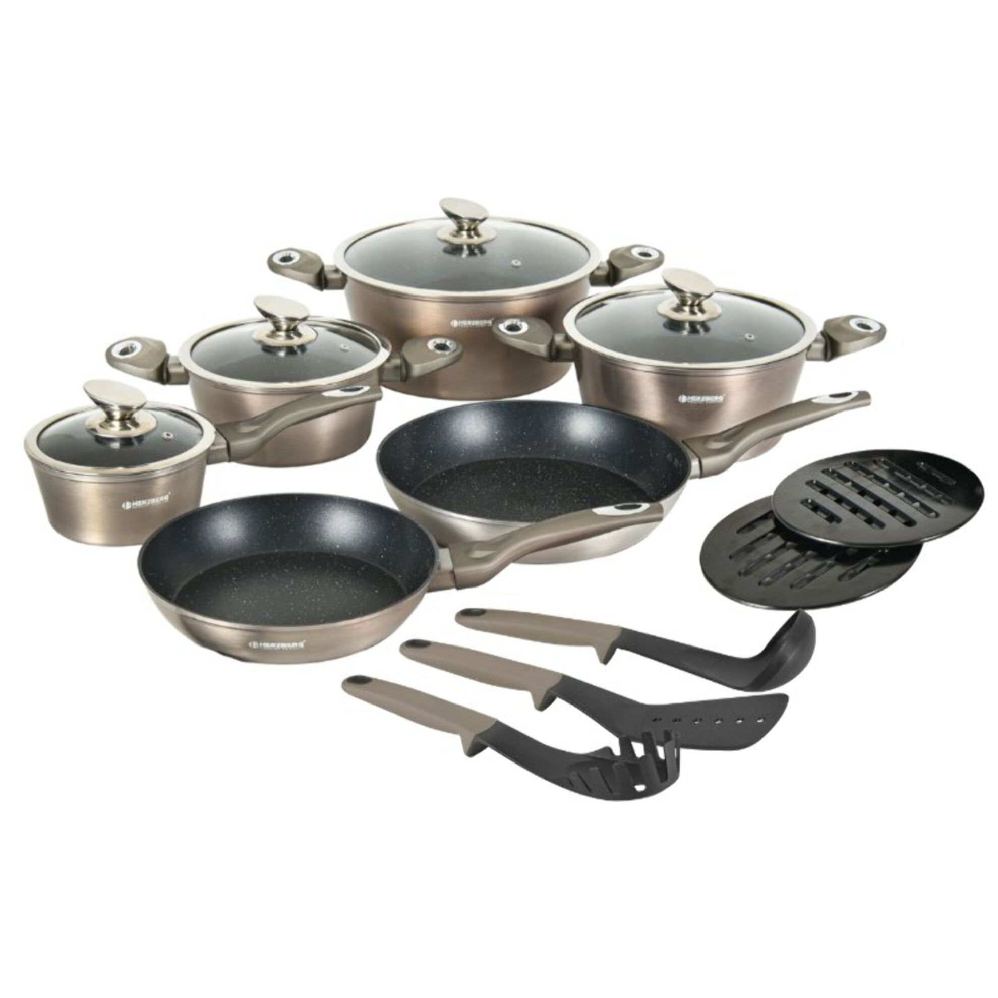Batterie de cuisine 15 pièces avec revêtement en marbe Carbone Herzberg HGMETCR15-CAR