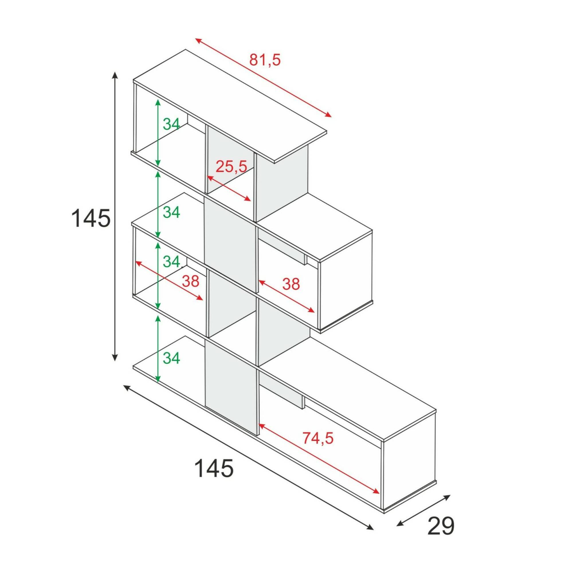 Libreria Aracnidi, Mobile portalibri con 7 scomparti, Scaffale moderno da ufficio, Mobile da parete con ripiani, 145x29h145 cm, Bianco e Cemento