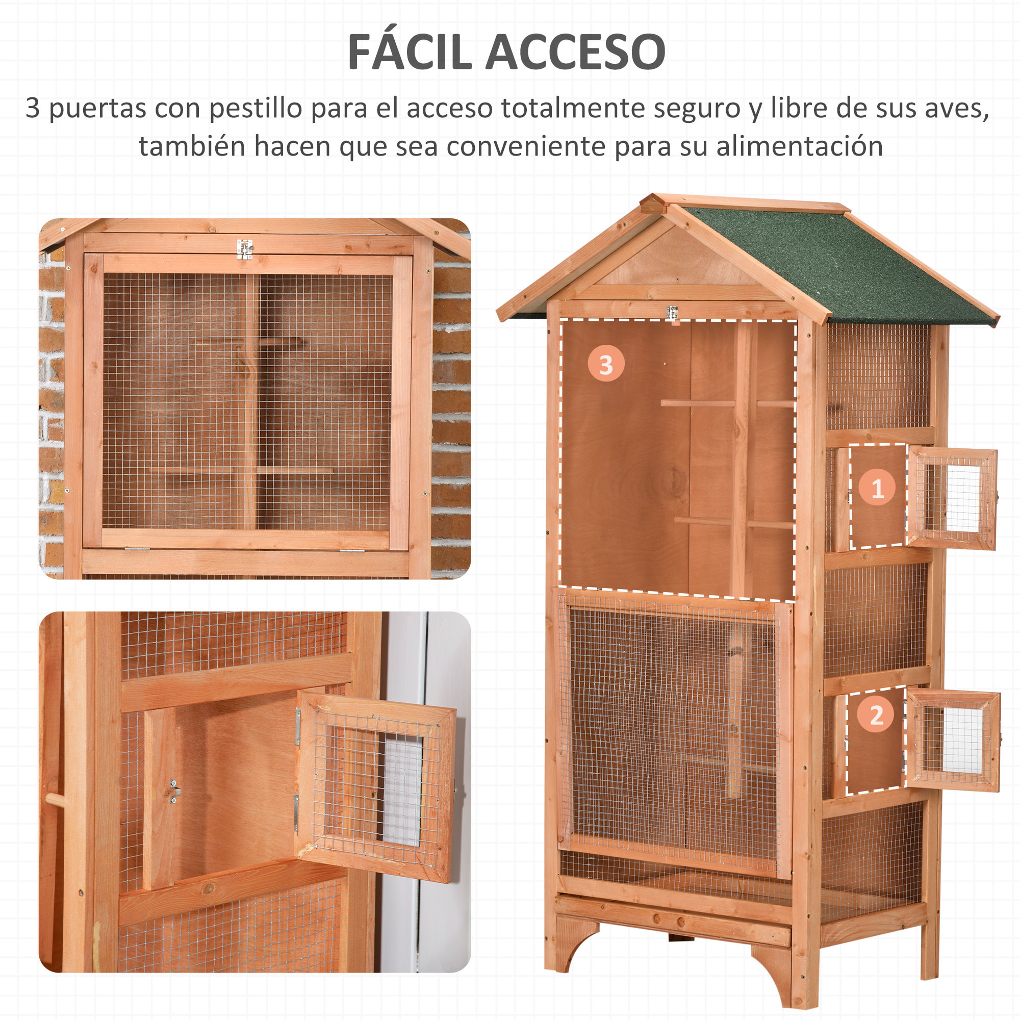 PawHut Jaula para Pájaros Pajarera de Madera con 3 Puertas 4 Perchas Bandeja Extraíble y Techo Asfáltico 80,5x57x153 cm Natural