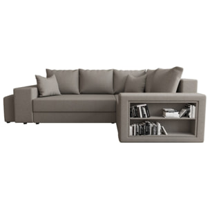 Libbie - Canapé d'angle droit 4 places convertible avec coffre, étagère et poufs en tissu - Gris