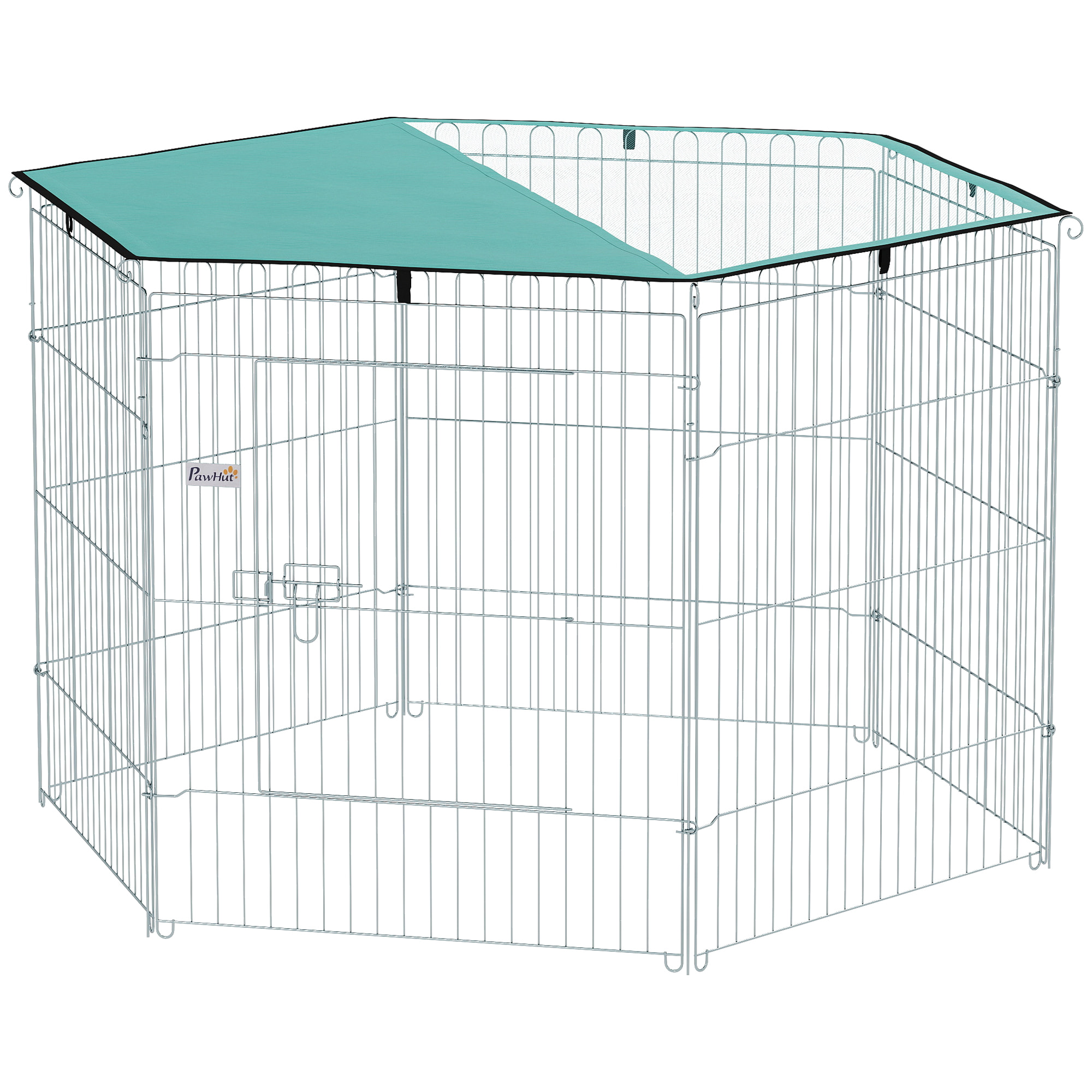 Parc pour chien  6 panneaux - avec toit, modulable et pliable - 76H cm - avec porte - intérieur et extérieur - argent vert
