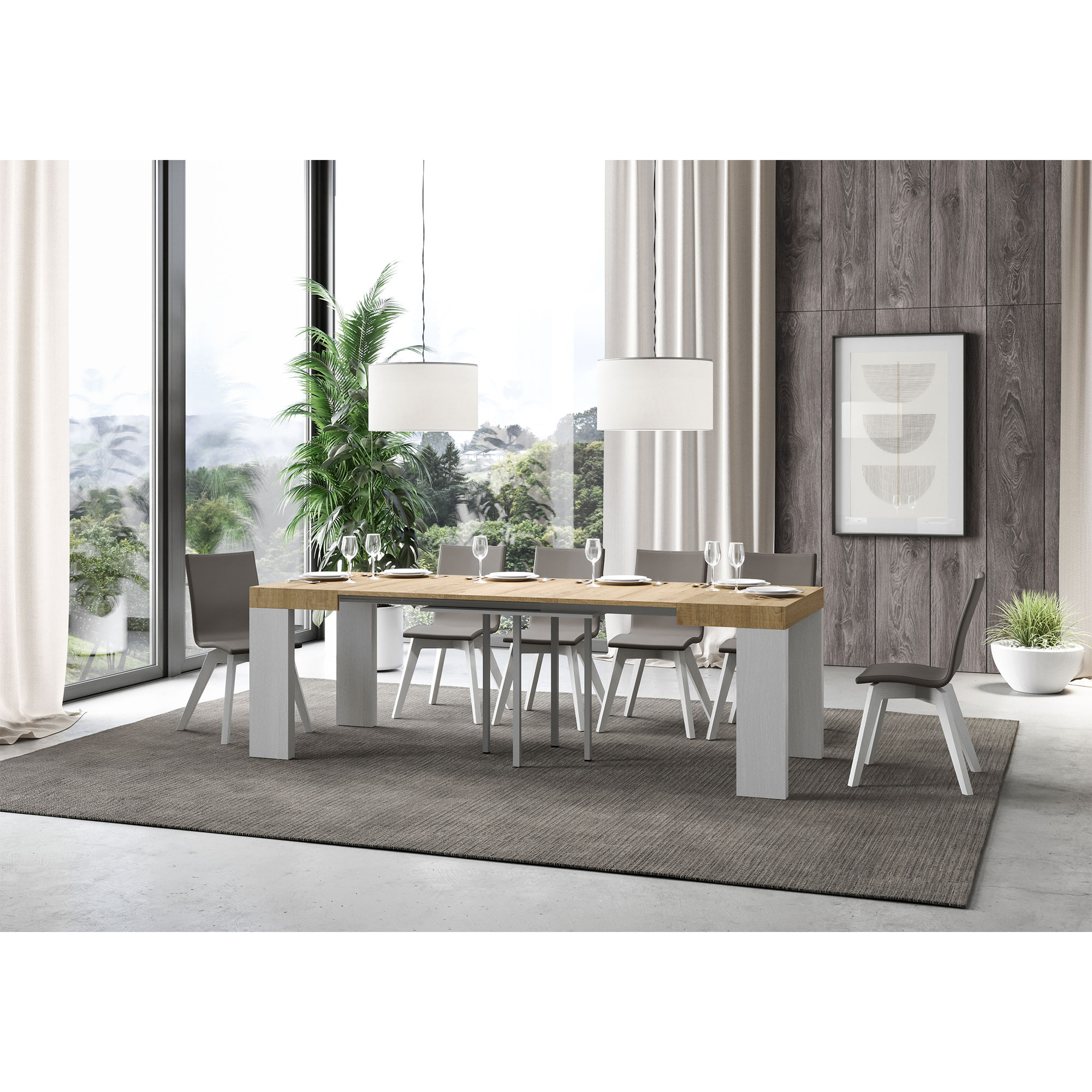 Tavolo allungabile 90x90/246 cm Roxell Mix piano Quercia Natura - gambe Bianco Frassino