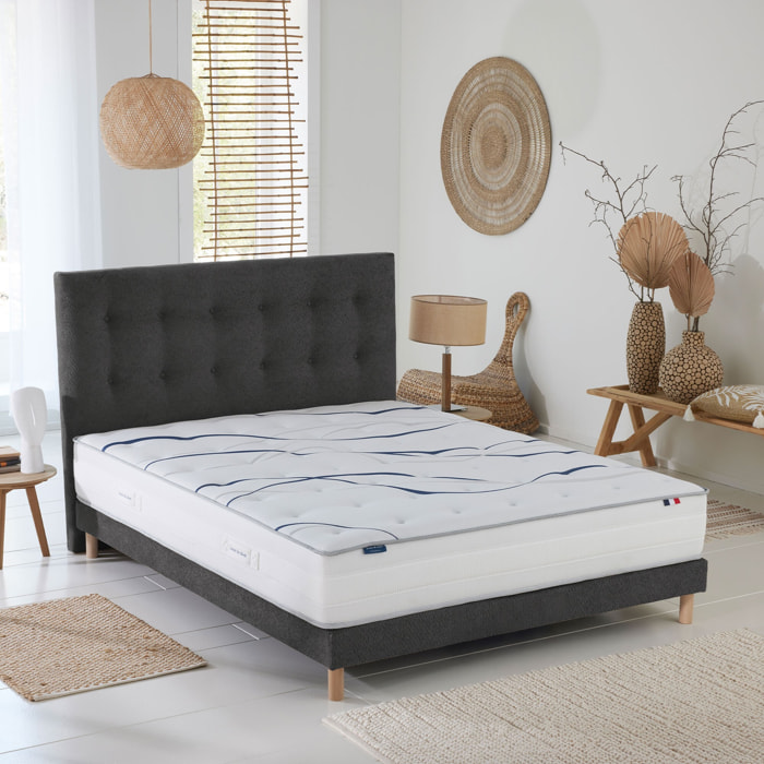 Ensemble matelas mousse ELYSIA avec sommier et tête de lit, chenille bouclettes gris anthracite