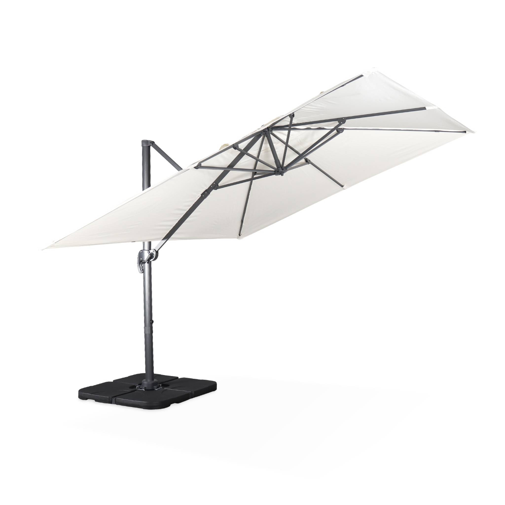 Parasol déporté carré écru 3x3m structure grise + Lot de 4 dalles à lester 50x50cm