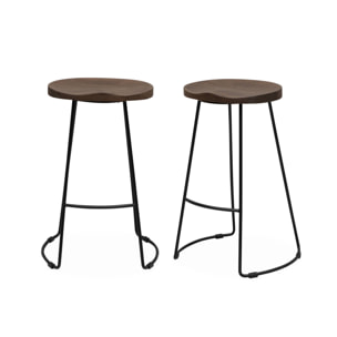 Lot de 2 tabourets de bars bois de manguier teinté noyer et acier. avec repose pieds. 65cm