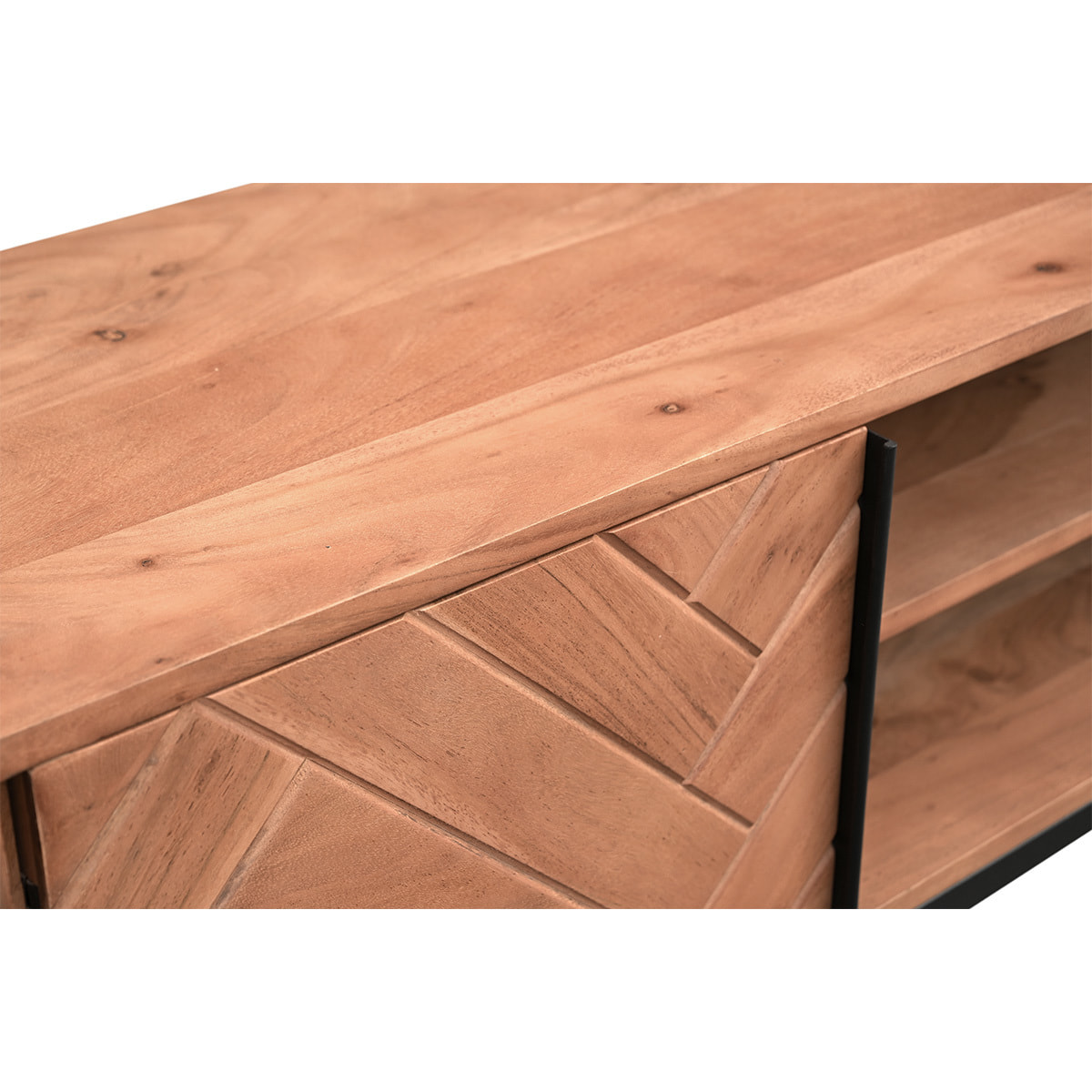 Meuble TV à motifs chevrons en bois massif et métal noir L158 cm STICK