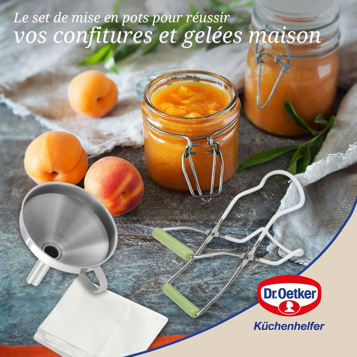 3 ustensiles pour confiture avec pince à bocaux, entonnoir et tissu filtrant Dr Oetker