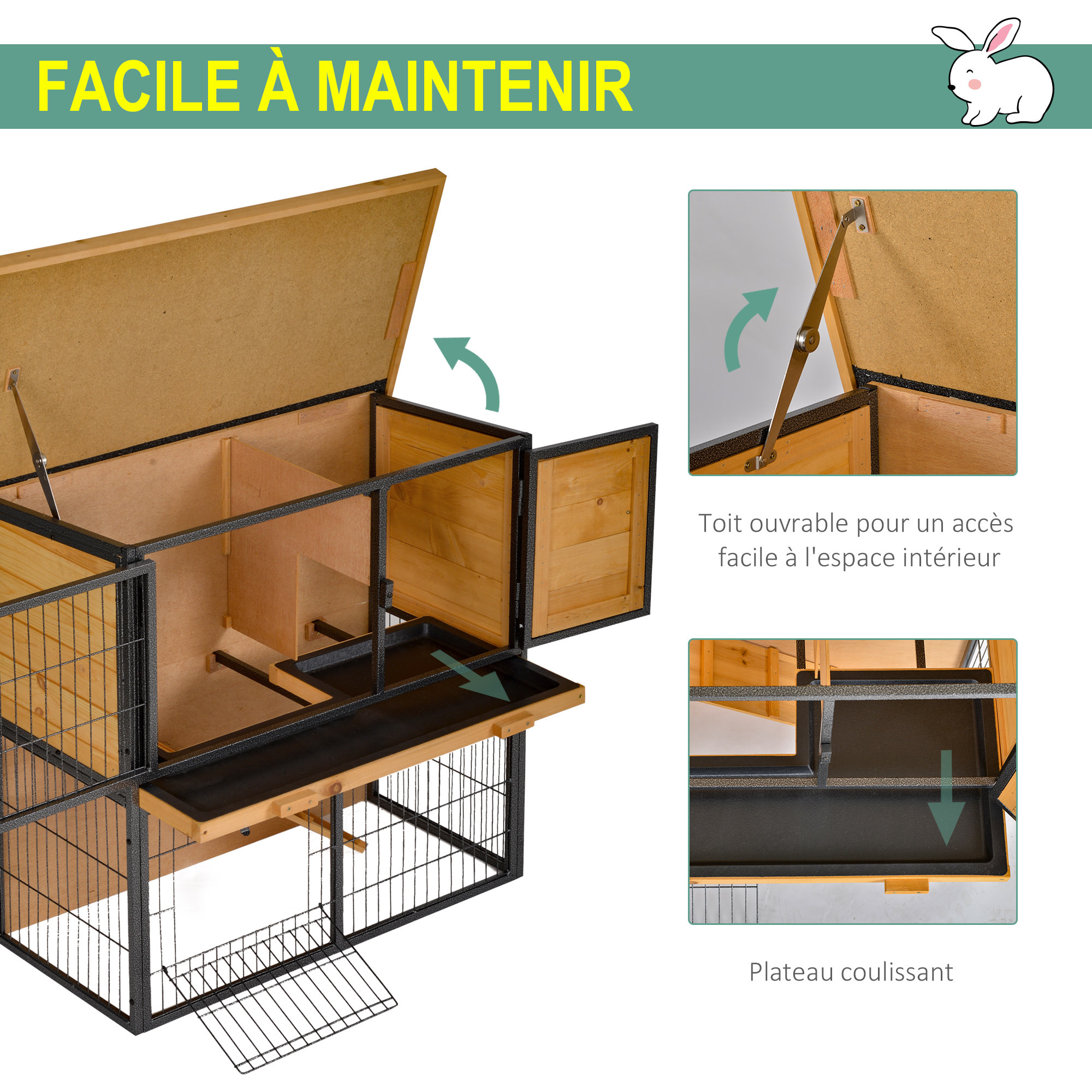 Clapier à lapin cage à lapin 2 niveaux 3 portes verrouillables rampe toit ouvrant bitûmé métal époxy pin pré-huilé