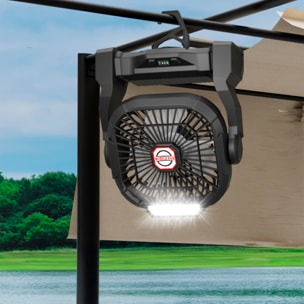 Ventilatore P18 con motore senza spazzole, LED con 4 luci, 4 velocità, 3 livelli di luce. Angolo regolabile di 90°, gancio per appendere e powerbank da 5200 mAh.