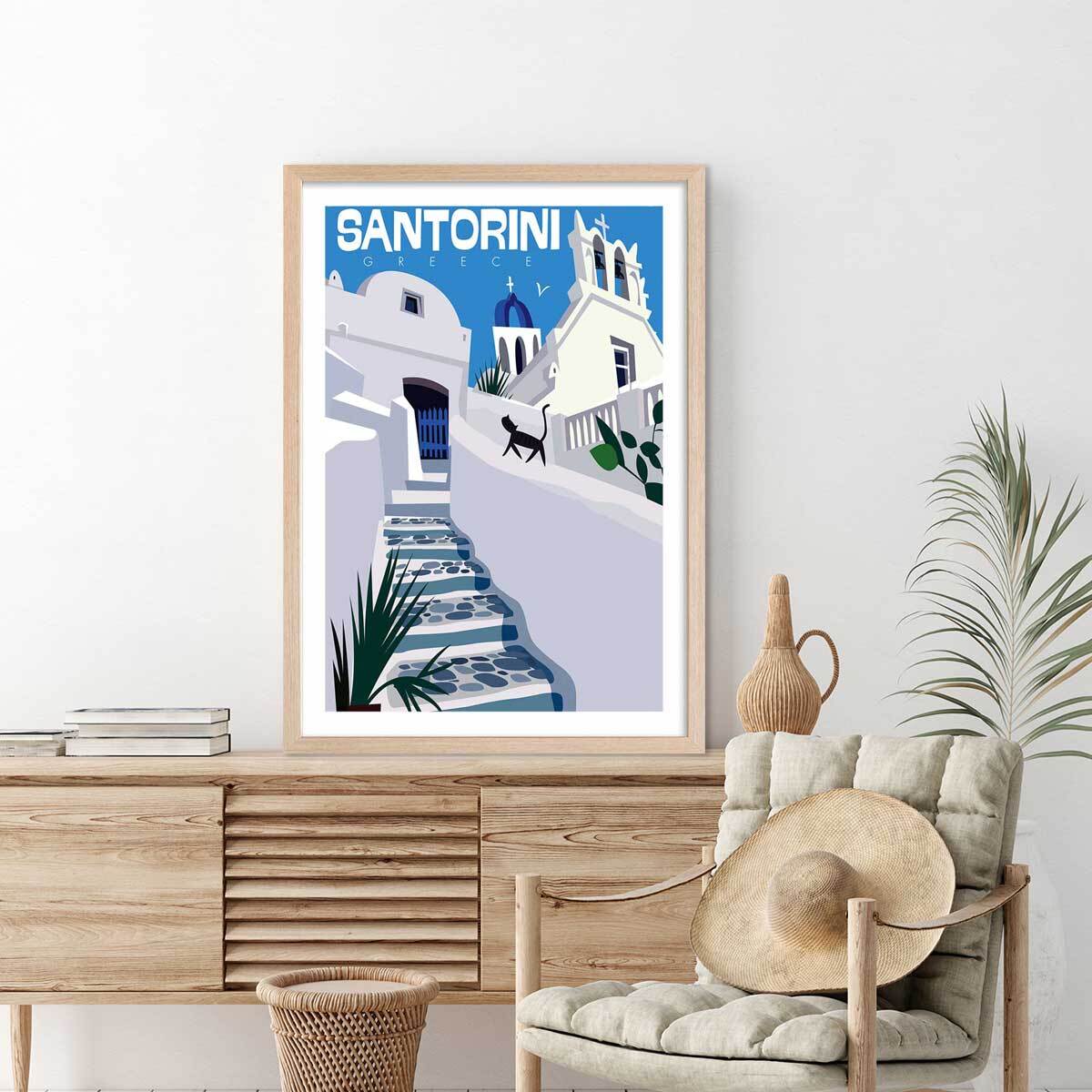 Poster de santorini blanc bleu Affiche + cadre en bois - Chêne