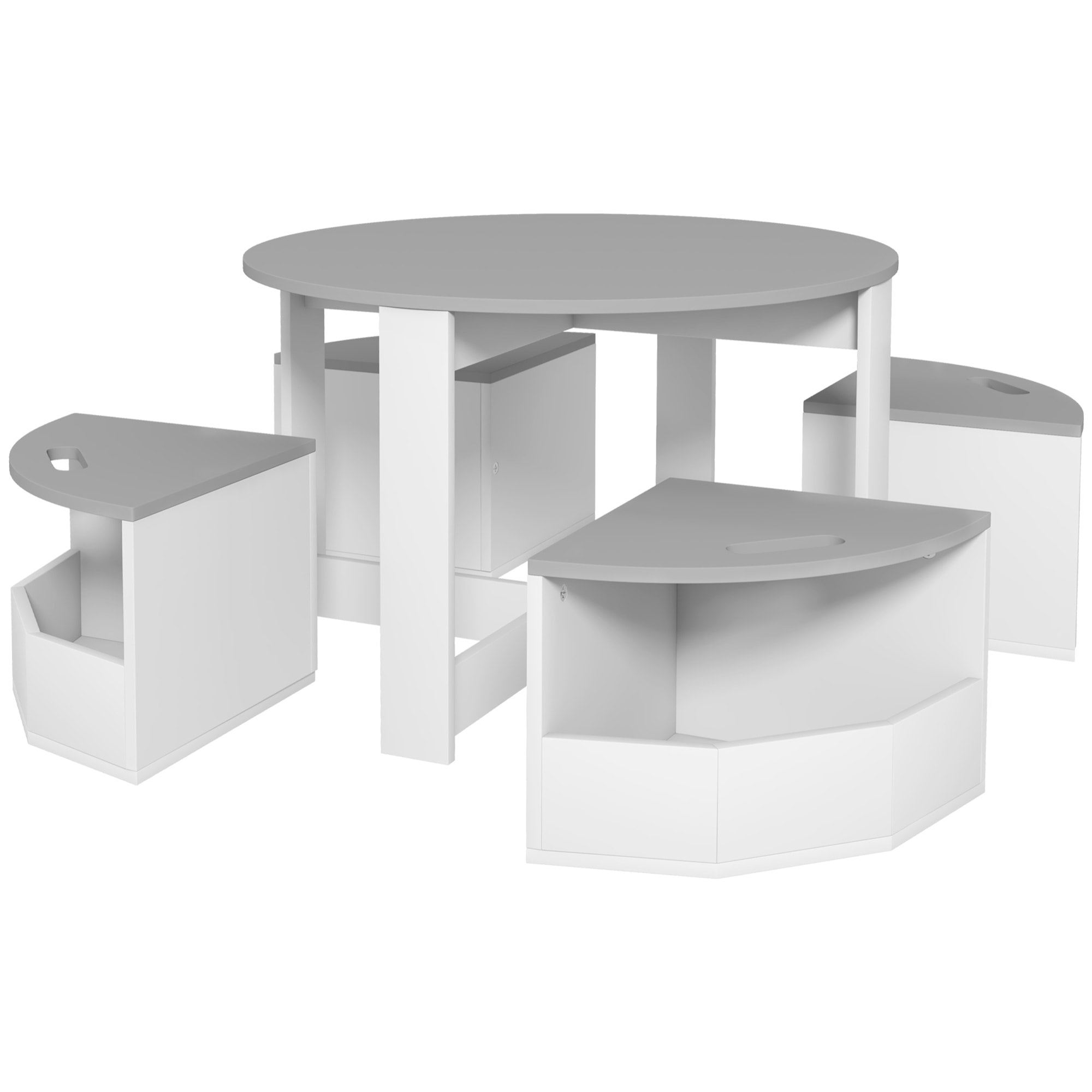 Ensemble table ronde chaises enfant encastrables 4 pers. rangements