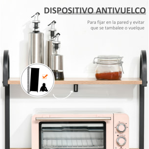 HOMCOM Estante de Cocina Estantería para Microondas con 4 Niveles Ganchos y Pies Ajustables Estantes de Almacenaje 60x40x125 cm Madera Natural