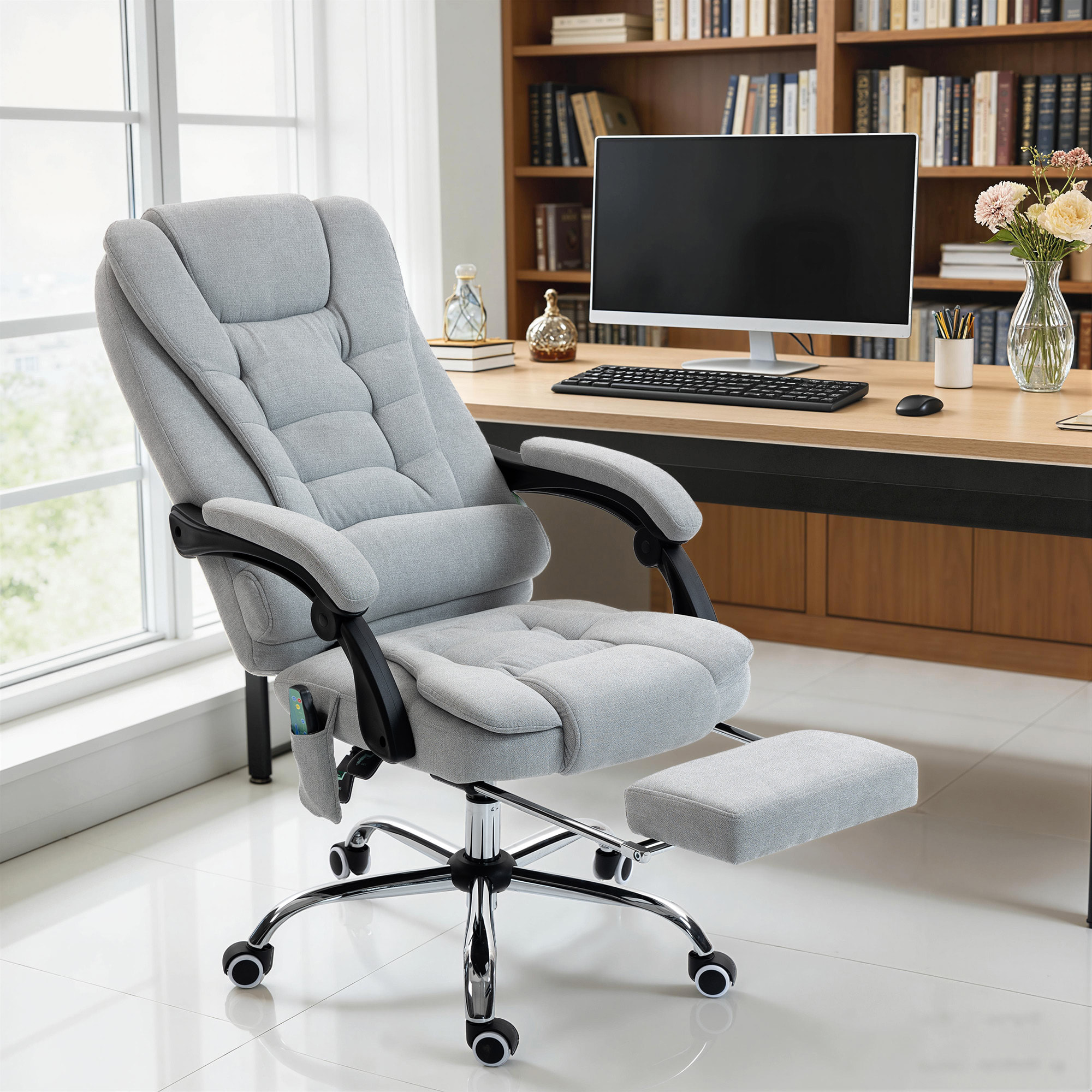 Fauteuil de bureau direction massant chauffant hauteur réglable dossier inclinable tissu gris clair