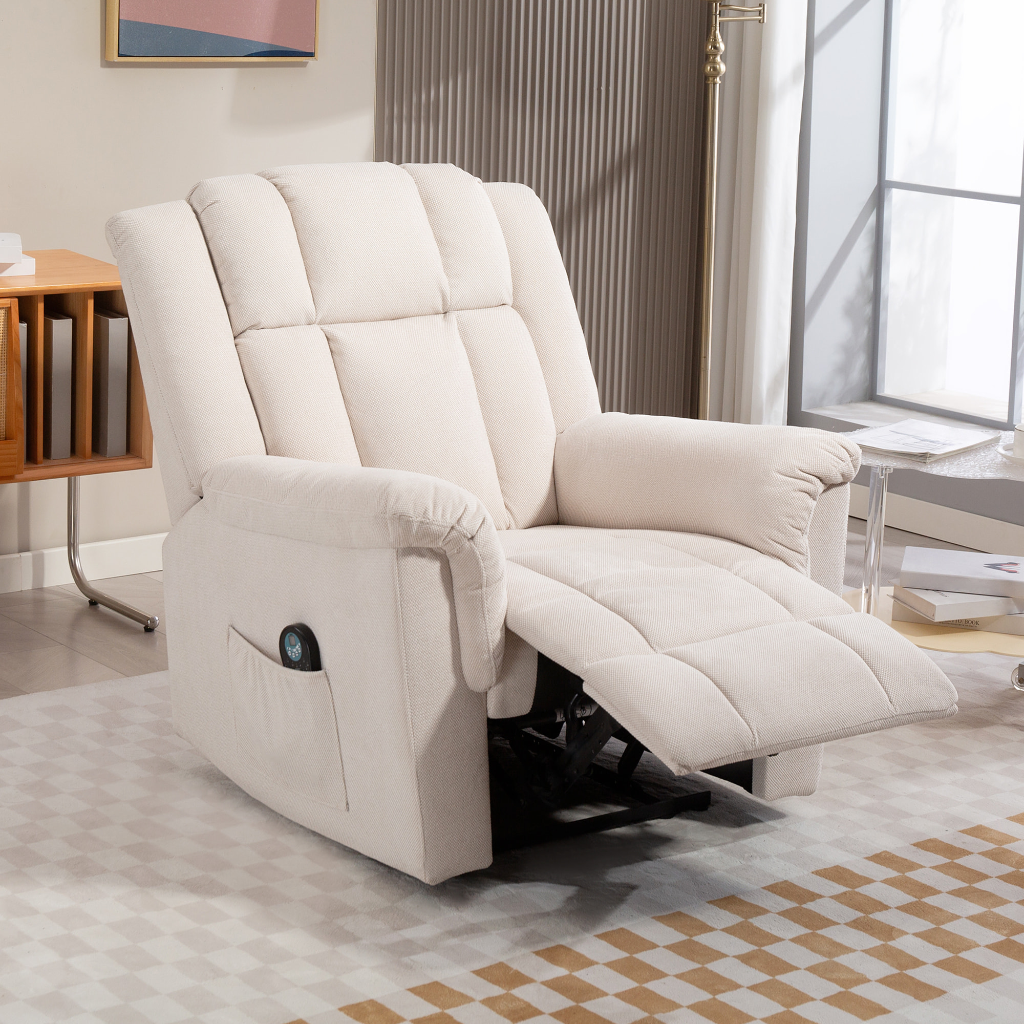Fauteuil massant chauffant inclinable repose-pieds intégré poche rangement tissu velours chenille beige