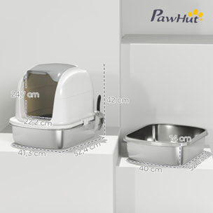 Arenero para Gatos de Acero Inoxidable XL, Caja de Arena para Gatos, Arenero con Tapa Abatible, Laterales Altos, Entrada Superior, Pala, sin Olores, Fácil de Limpiar, Antifugas, Blanco