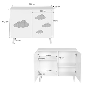 Commode enfant. blanc. 2 portes avec nuages en cannage. 2 étagères