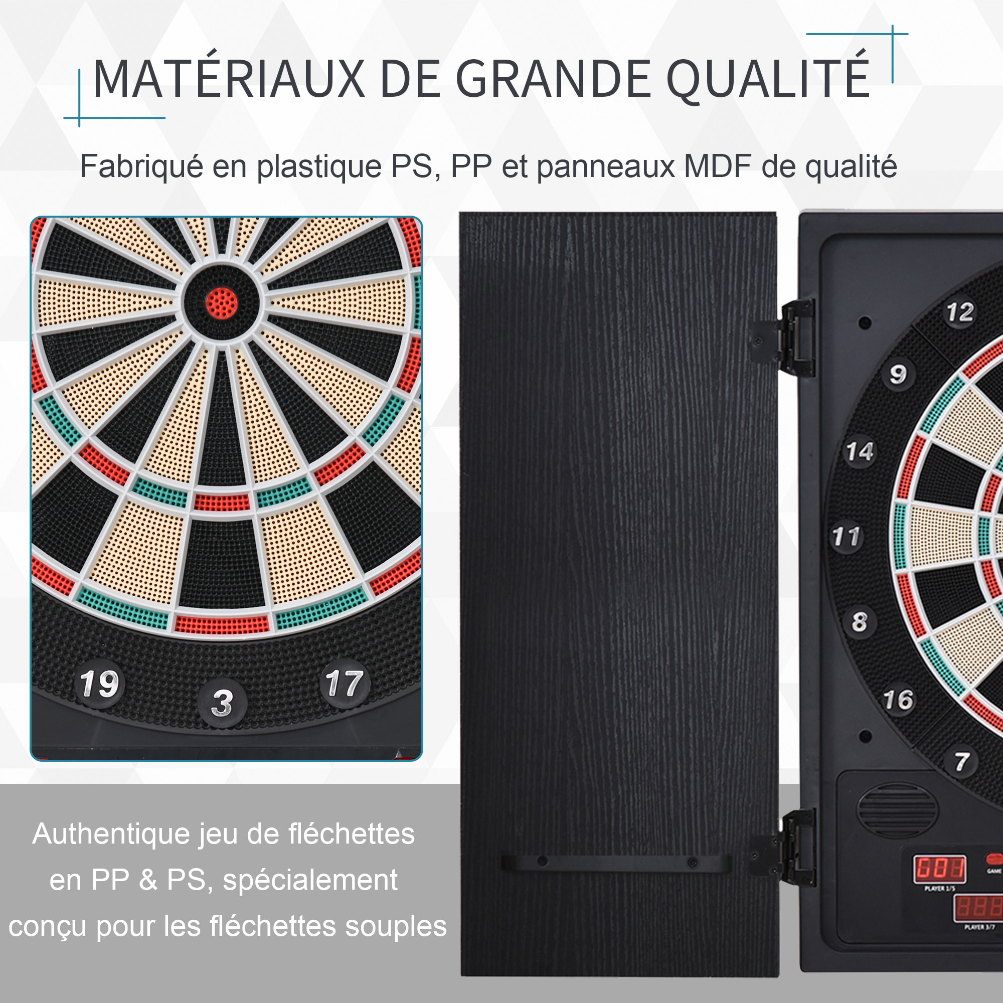 Cible jeu de fléchettes électronique refermable 27 jeux 202 variations jusqu'à 8 joueurs affichage LED haut-parleur noir
