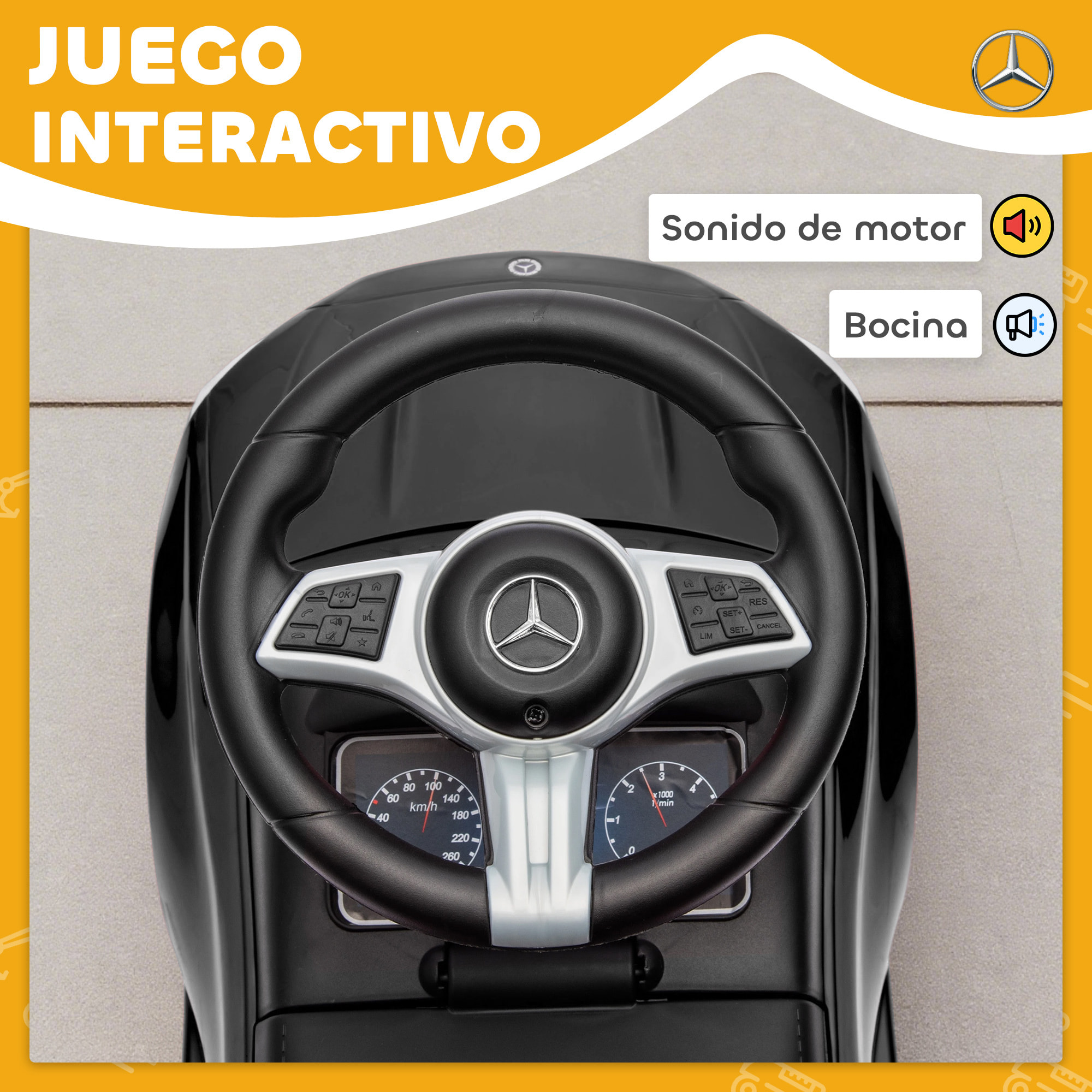 Coche Correpasillos para Niños de 18-36 Meses Mercedes-Benz Clase C, Correpasillos con Bocina, Volante, Sonidos de Motor y Espacio de Almacenaje, 65x28x39 cm, Negro