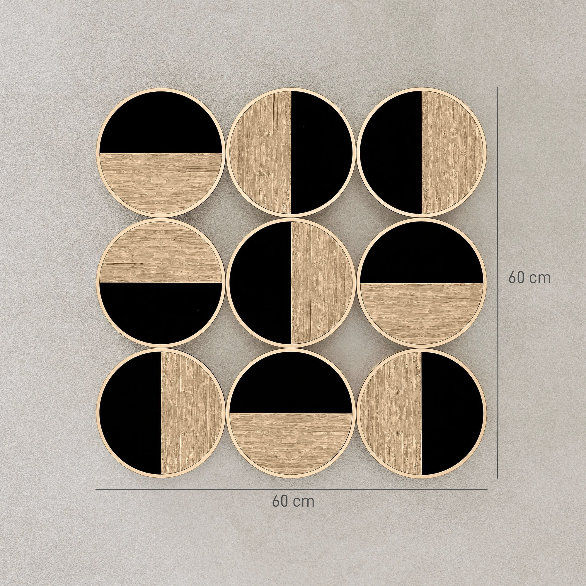 Cuadro Decorativo de Pared Geométrico, Adorno Moderno 3D de 60x60 cm, Escultura de Pared con Espejo de Plástico, Marco Metálico, para Salón, Dormitorio, Pasillo, Negro y Madera Natural