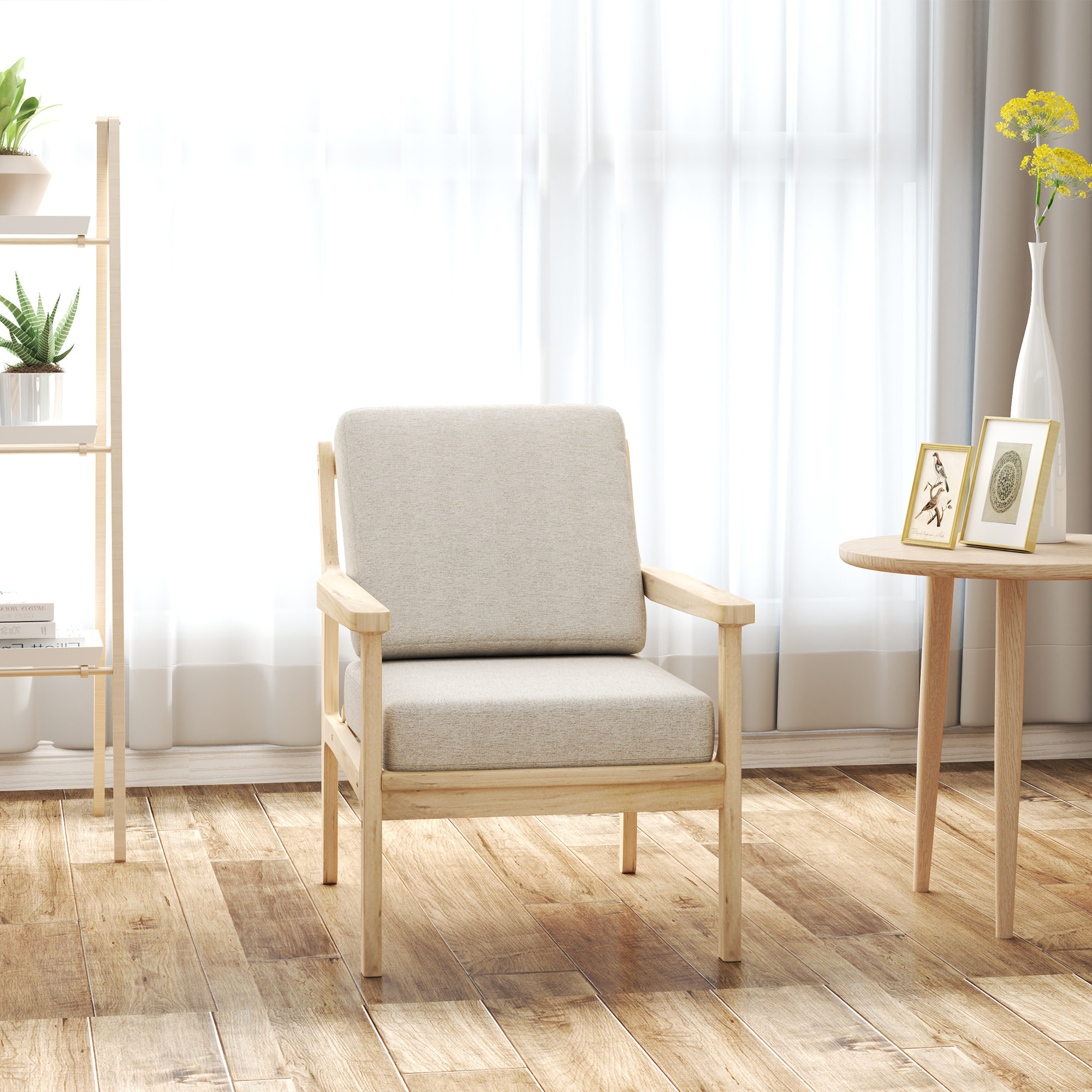 Fauteuil lounge style nordique piètement structure accoudoirs bois naturel épais coussins tissu beige