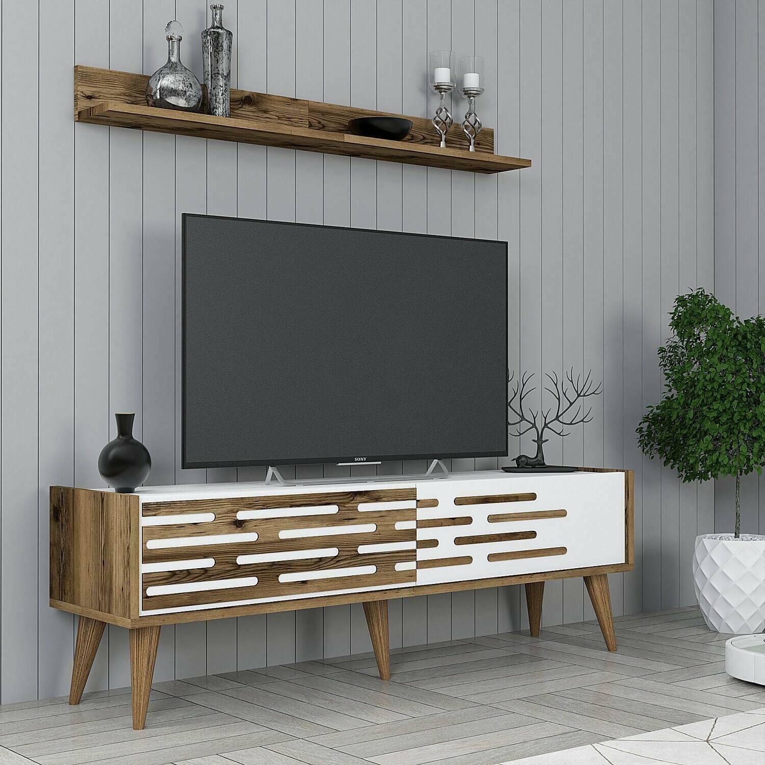 Mobile porta TV Daanesta, Credenza da soggiorno, Armadio basso per TV, Base parete attrezzata, 140x45h35 cm, Noce e Bianco