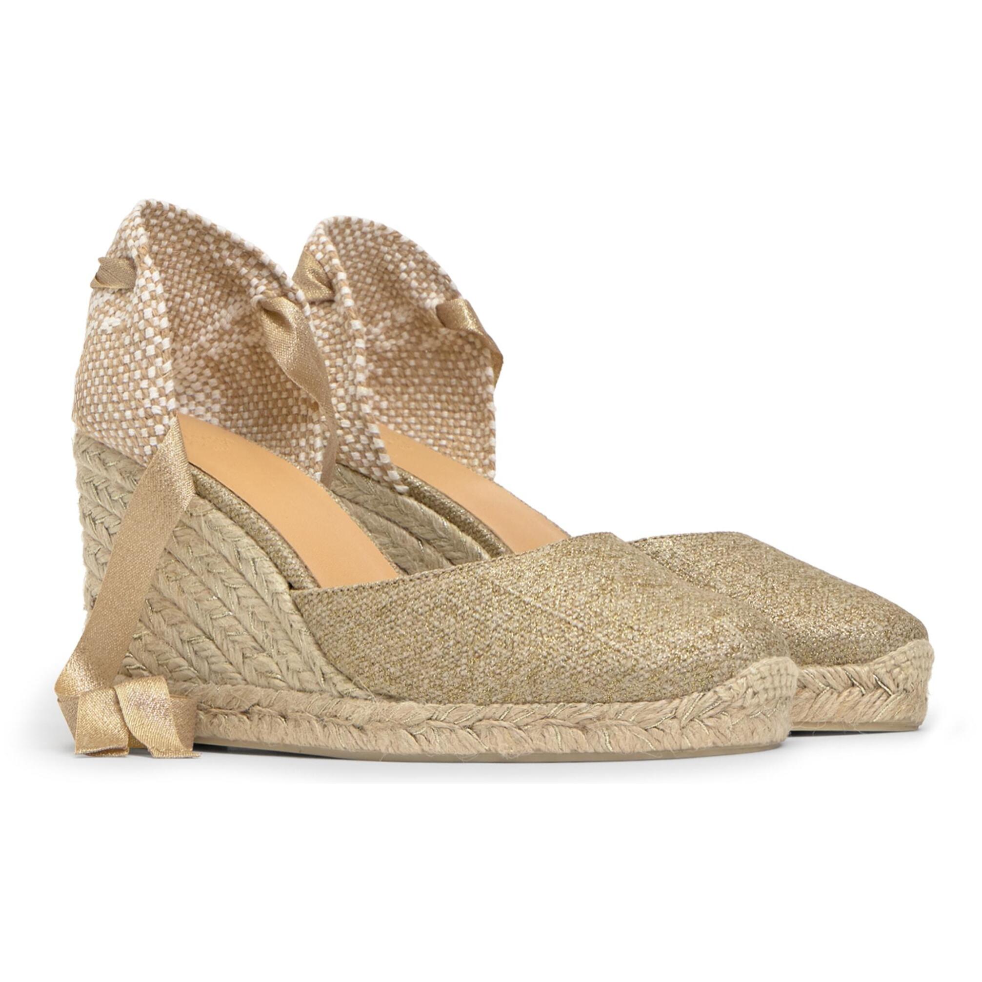 Alpargatas de cuña de mujer Carina en lino metalizado, cierre mediante lazada