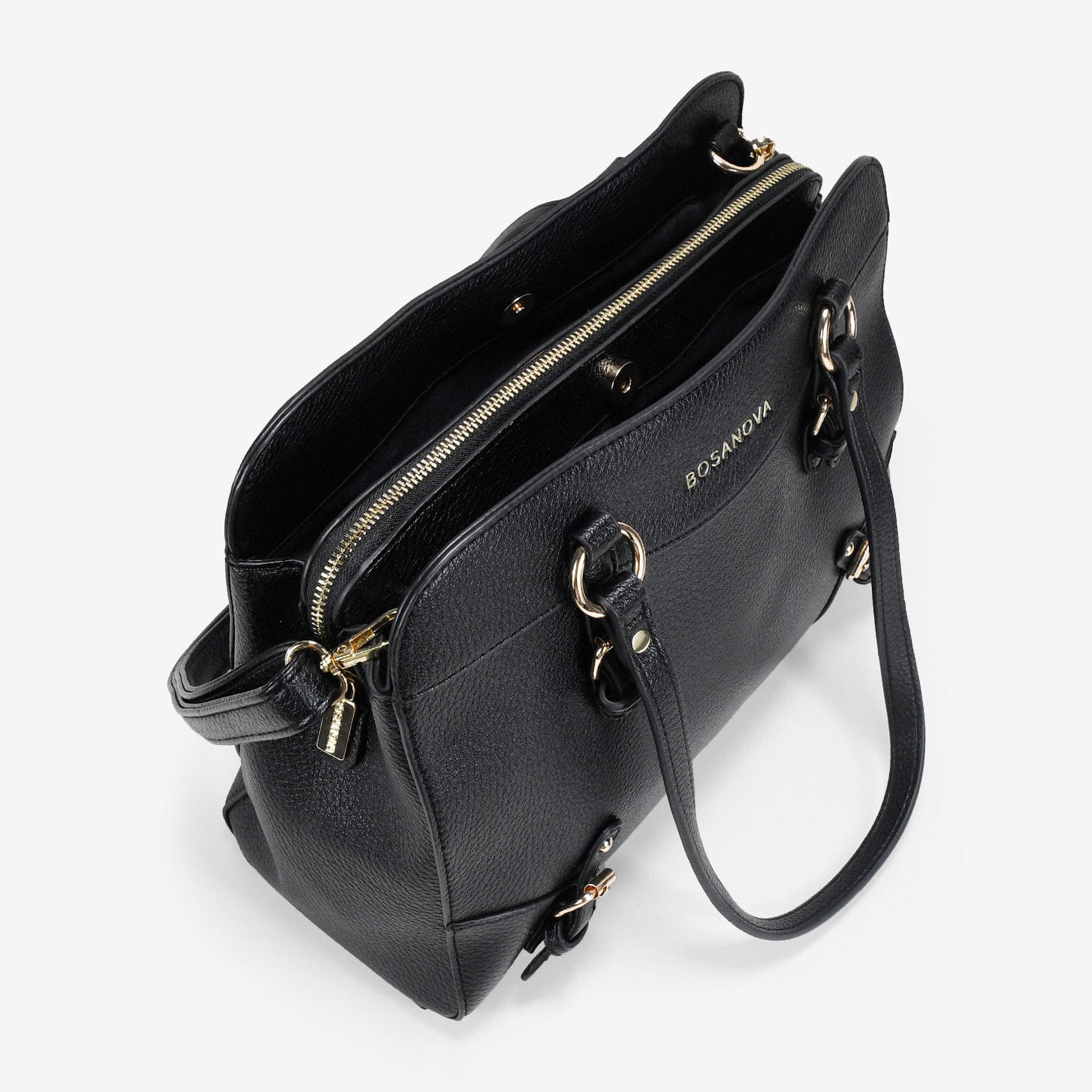 Bolso de hombro negro con hebillas y cremallera