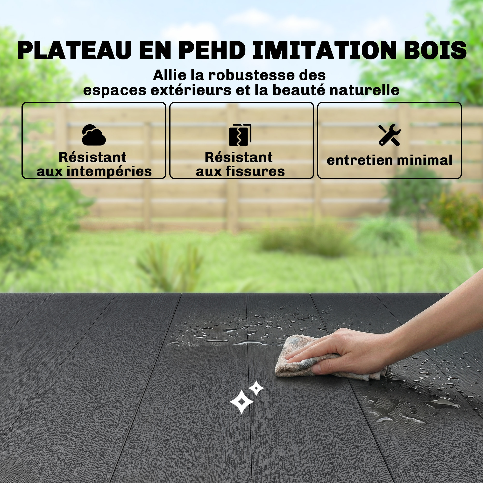 Table de jardin rectangulaire design 4-6 pers. piètement croisé plateau effet bois noir