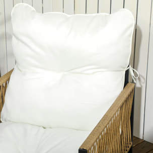 Conjunto Jardín Exterior de Ratán, Muebles Jardín Exterior para 4 Piezas, Muebles Terraza con 1 Sofá de 2 Plazas, 2 Sillones, Cojines y 1 Mesa de Tablero de Vidrio, para Patio, Crema y Marrón