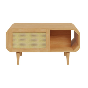 Table basse 100 cm 2 portes 1 tiroir rotin et décors chêne - BEVERLY