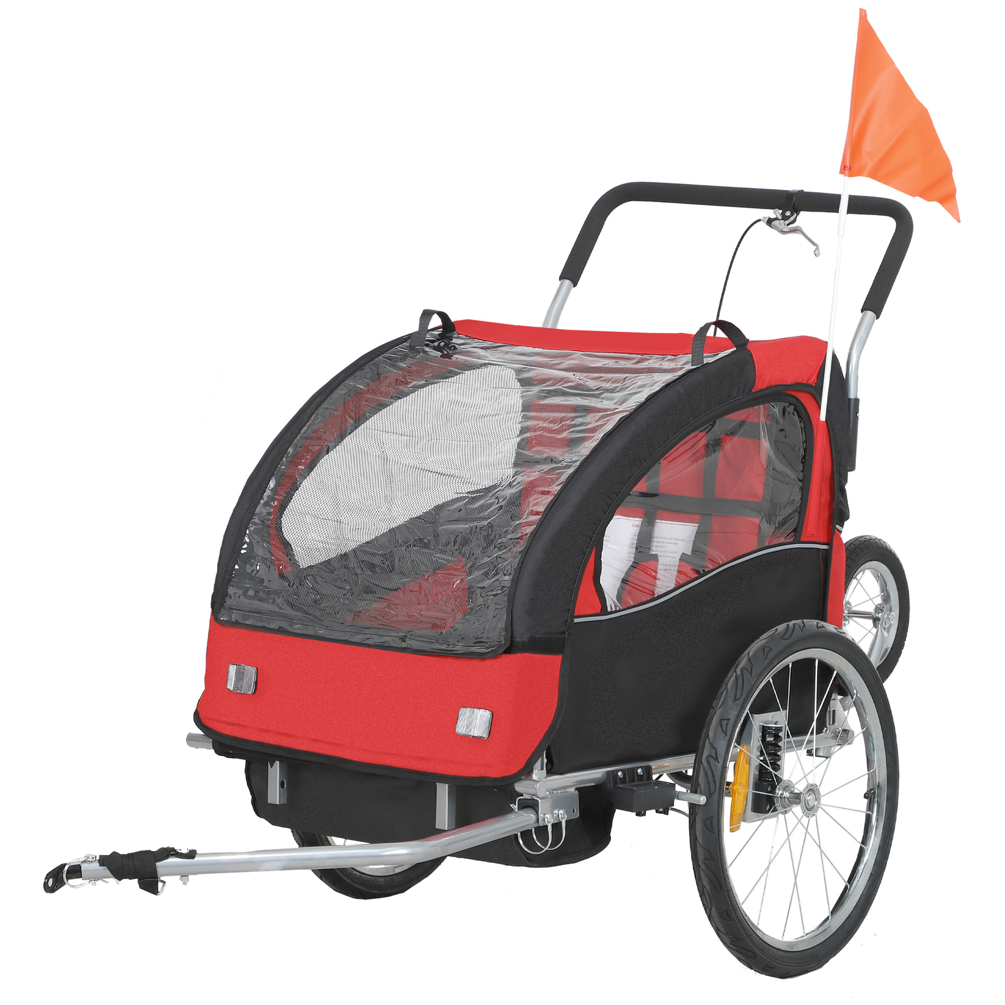 Remorque vélo jogger 2 en 1 enfant drapeau roue avant pivotante réflecteurs barre d'attelage inclus noir rouge