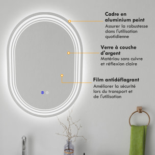 Miroir LED mural de salle de bain - 50L x 70H cm - luminosité réglable 3 couleurs - interrupteur tactile - système antibué