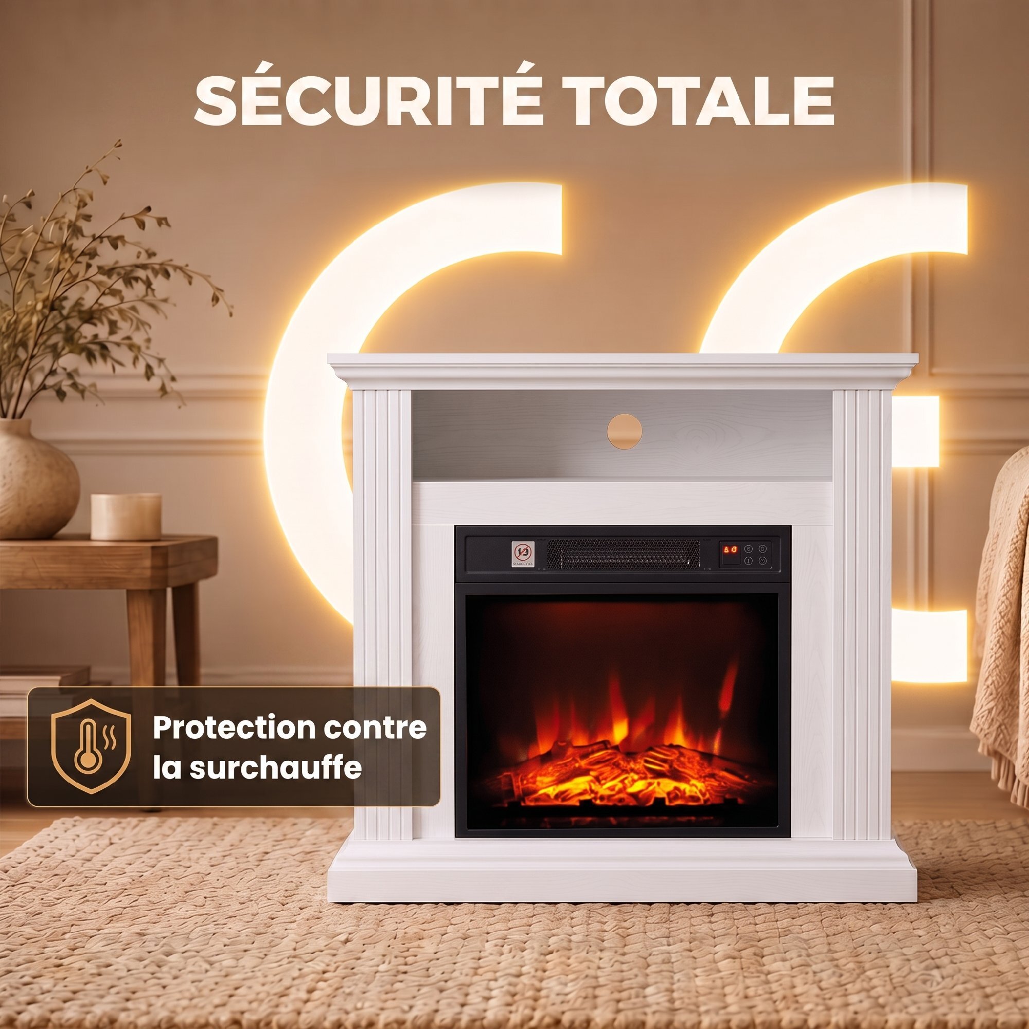 Cheminée électrique style montagnard aspect bois - niche, télécommande, timer - max. 1800W - blanc