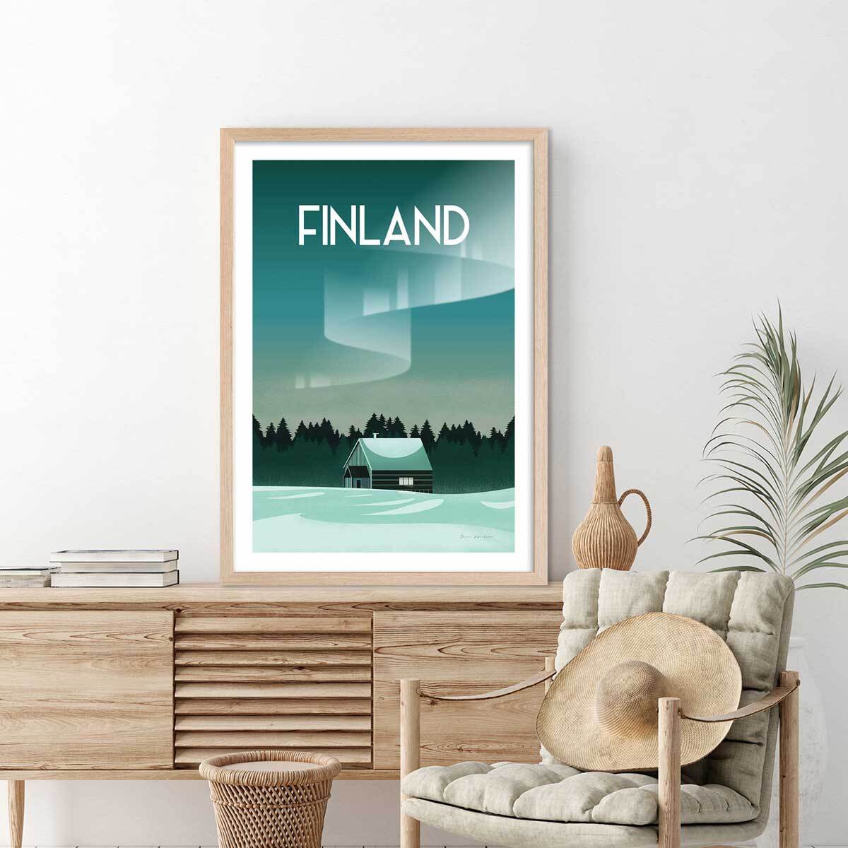 Affiche voyage Laponie finlandaise Affiche + cadre en bois - Chêne