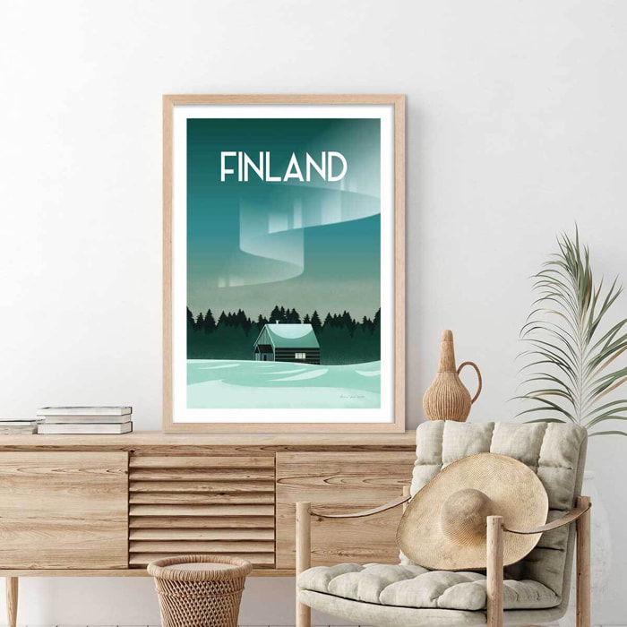 Affiche voyage Laponie finlandaise Affiche + cadre en bois - Chêne