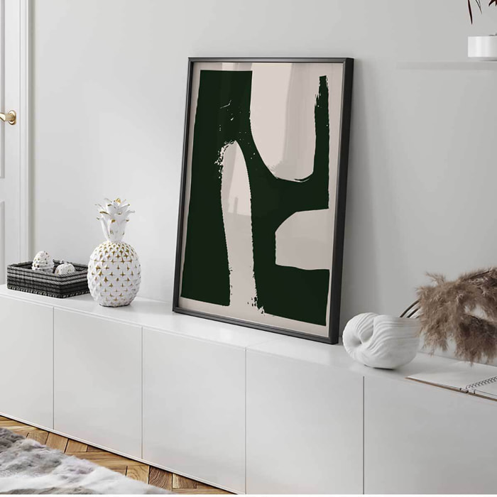 Affiche abstraite vert foncé minimaliste forme organique moderne Affiche + cadre en métal - Noir