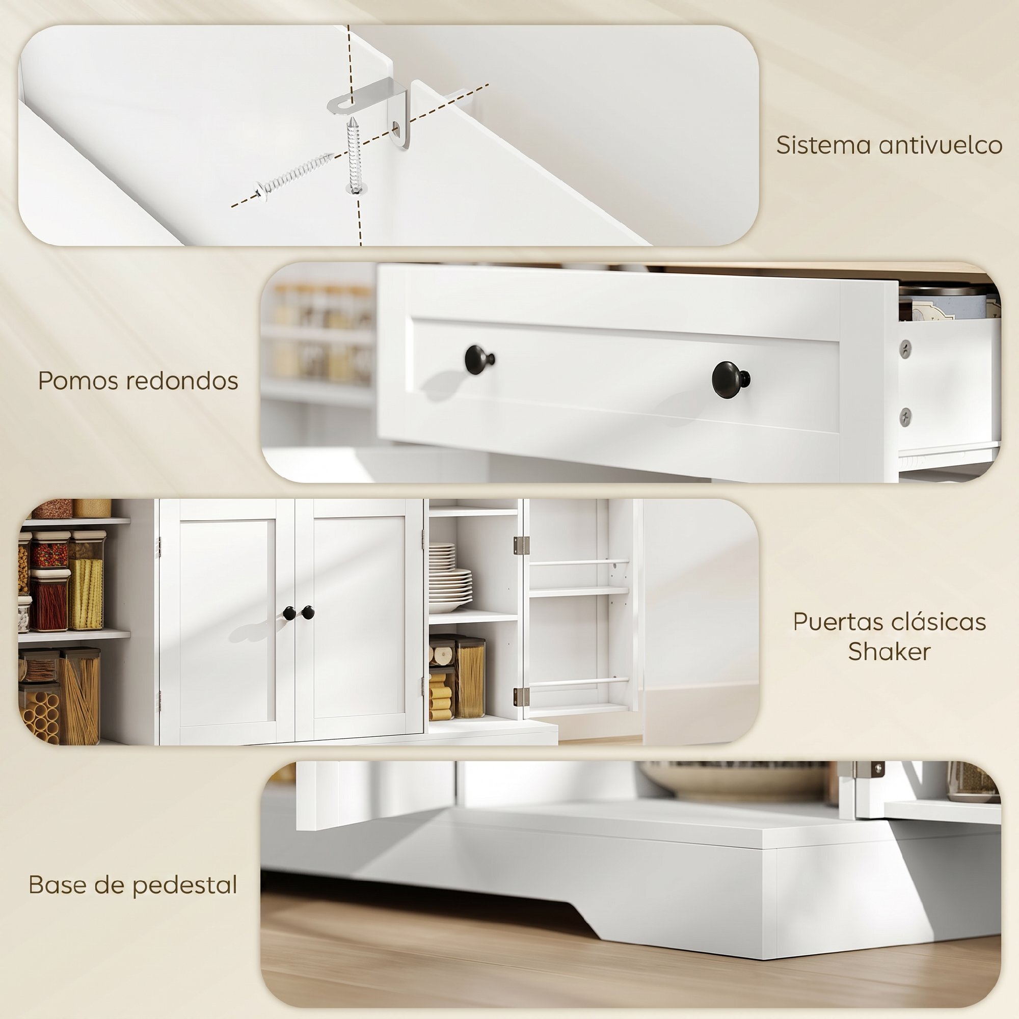 Aparador, Armario de Cocina Moderno con Cajón, Estantes en las Puertas, Estantes Ajustables, Barra de Café, Aparador para Cocina, Comedor, 138x40x83,5 cm, Blanco