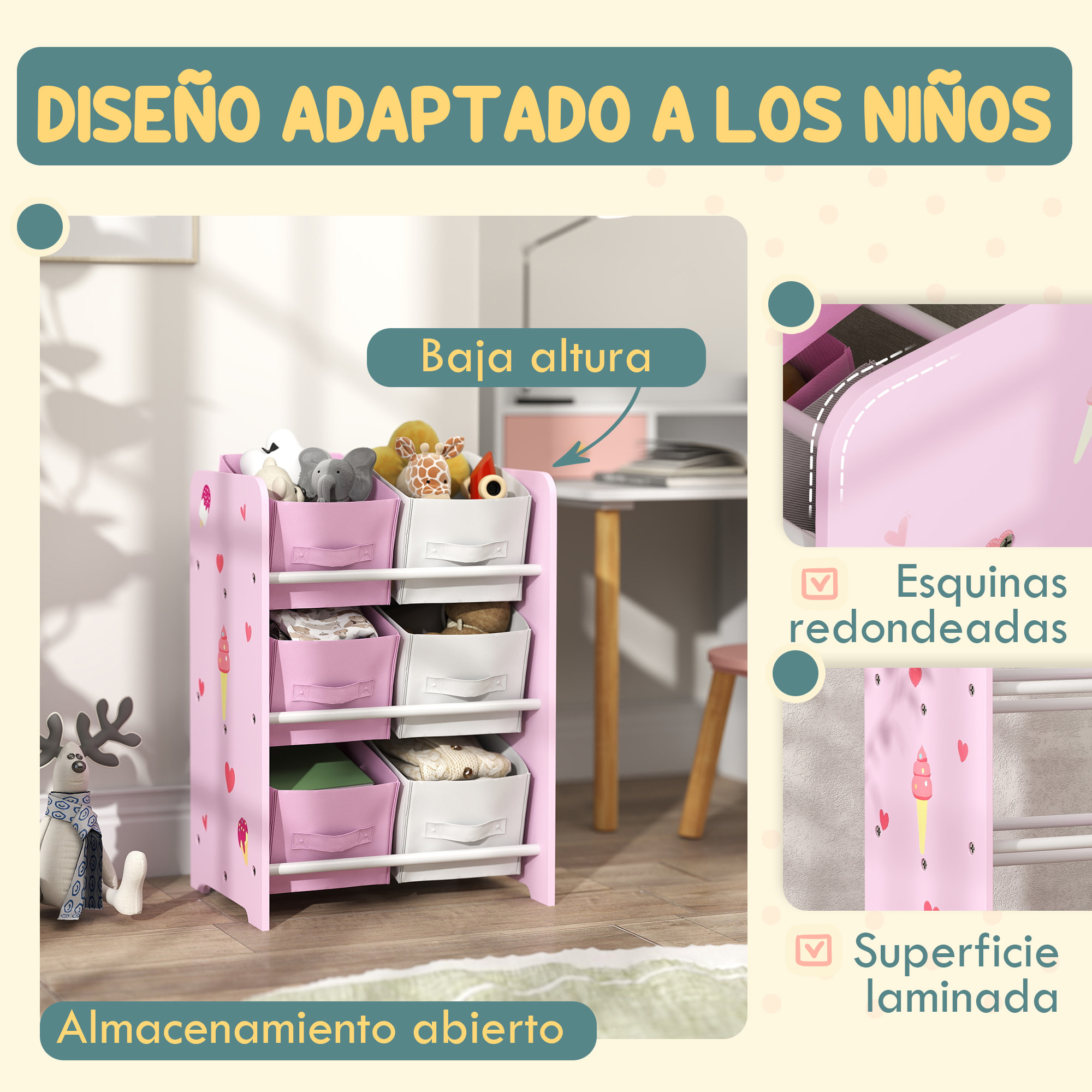 Estantería Infantil para Niños de +3 Años Estantería para Juguetes con 6 Cajas de Tela no Tejida Extraíbles Organizador de Juguetes para Dormitorio Guardería 43x30x60 cm Rosa