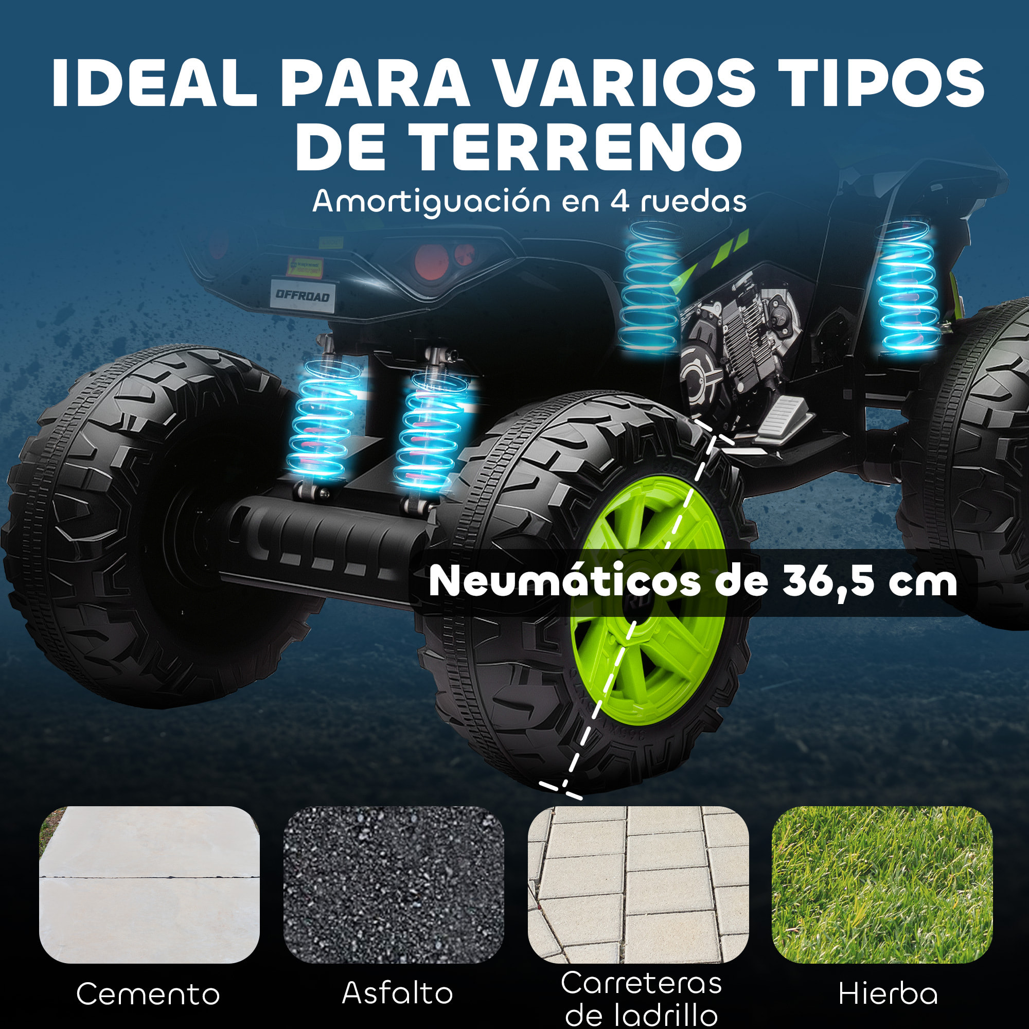Quad Eléctrico para Niños 24V, Quad para Niños de 3-8 Años de 2 Plazas, con 2 Motores, Velocidad hasta 6,5â€¯km/h, Ruedas con Suspensión, Faros, Bocina, Música, USB, Verde