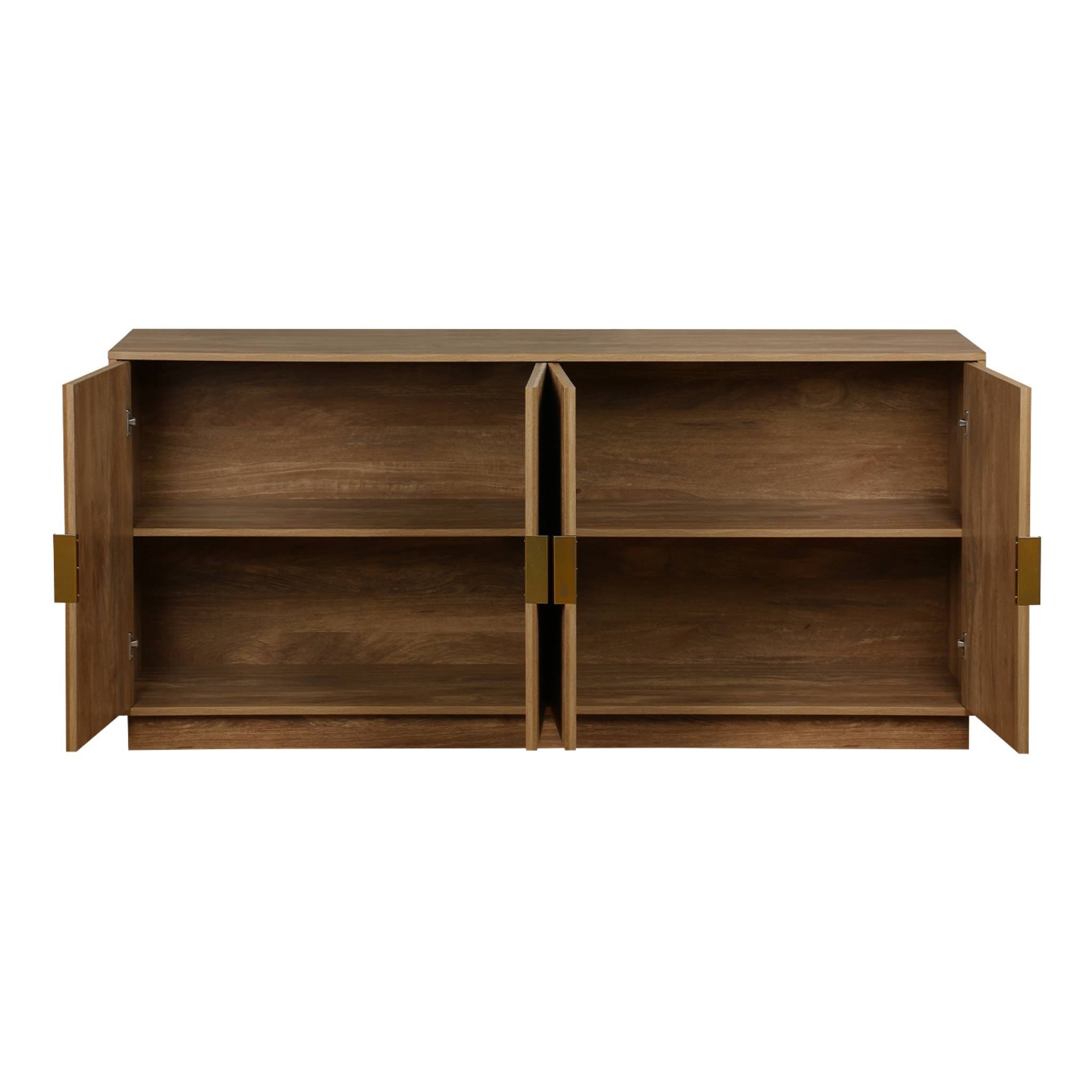 Buffet exotique 4 portes. effet bois de manguier rainuré. buffet bas. poignées en métal doré. L 160 x P 40 x H 75cm