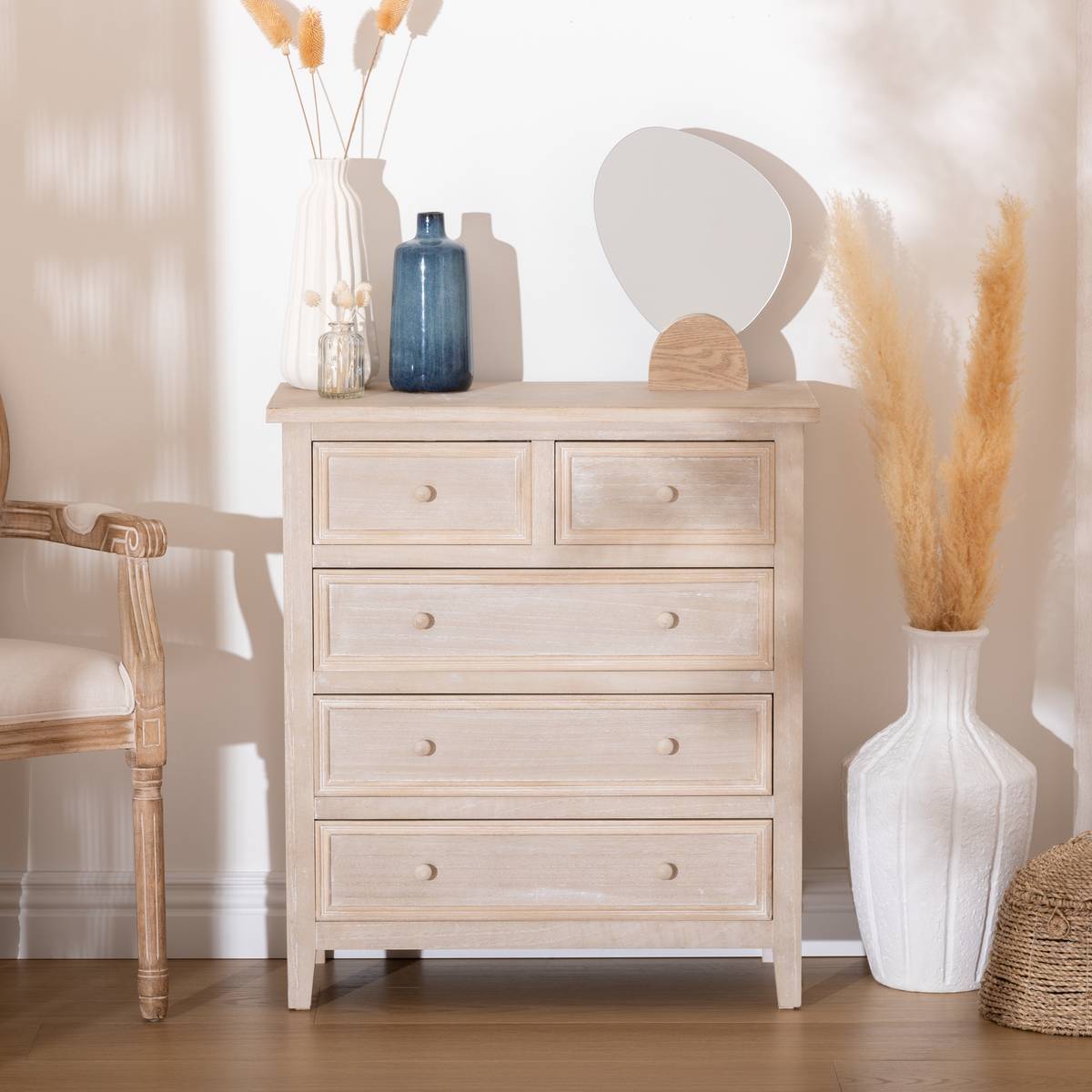 Chiffonnier "Charme" bois blanchi 5 tiroirs