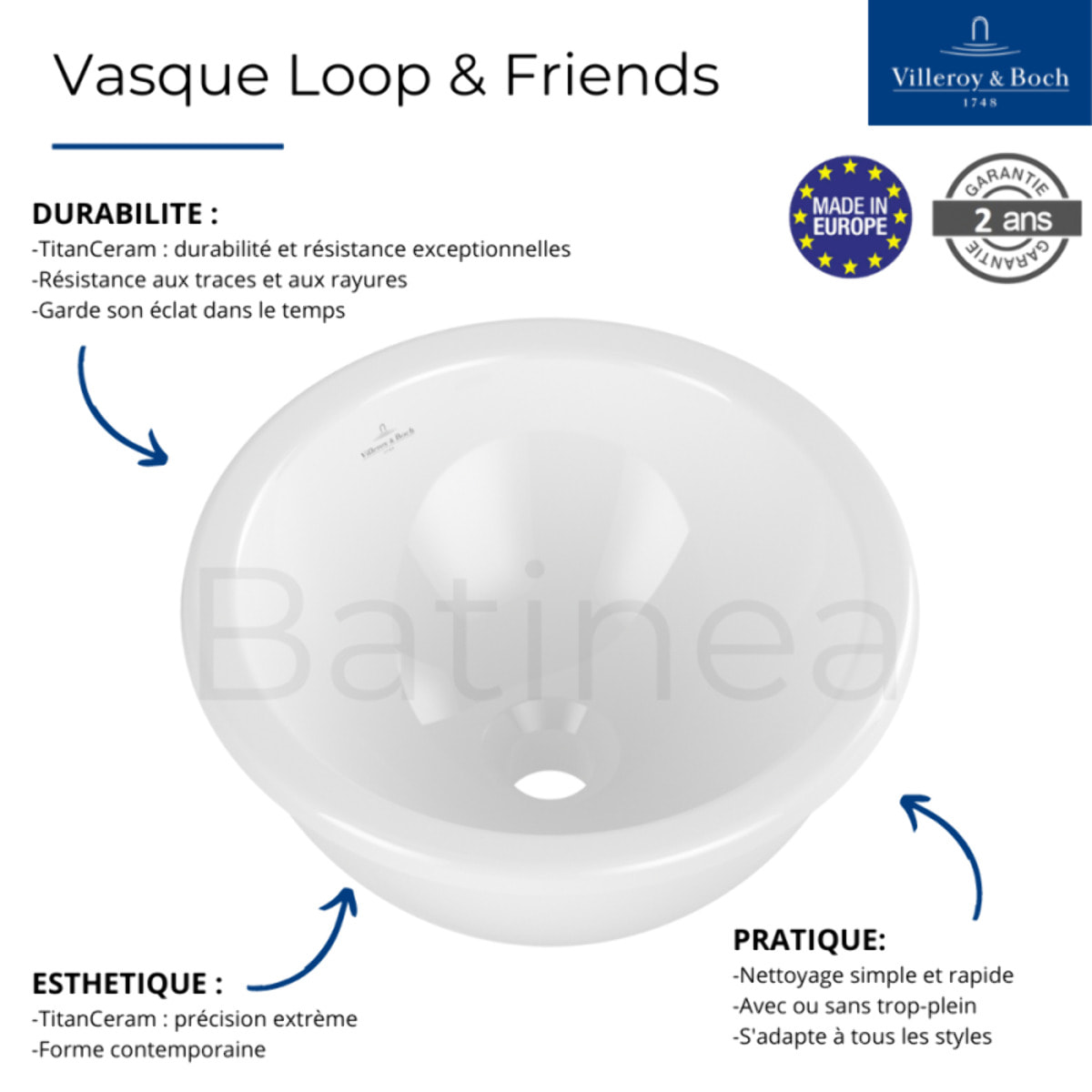 Vasque 45 x 45 ronde à encastrer par-dessous Loop & Friends TitanCeram stone white avec trop plein
