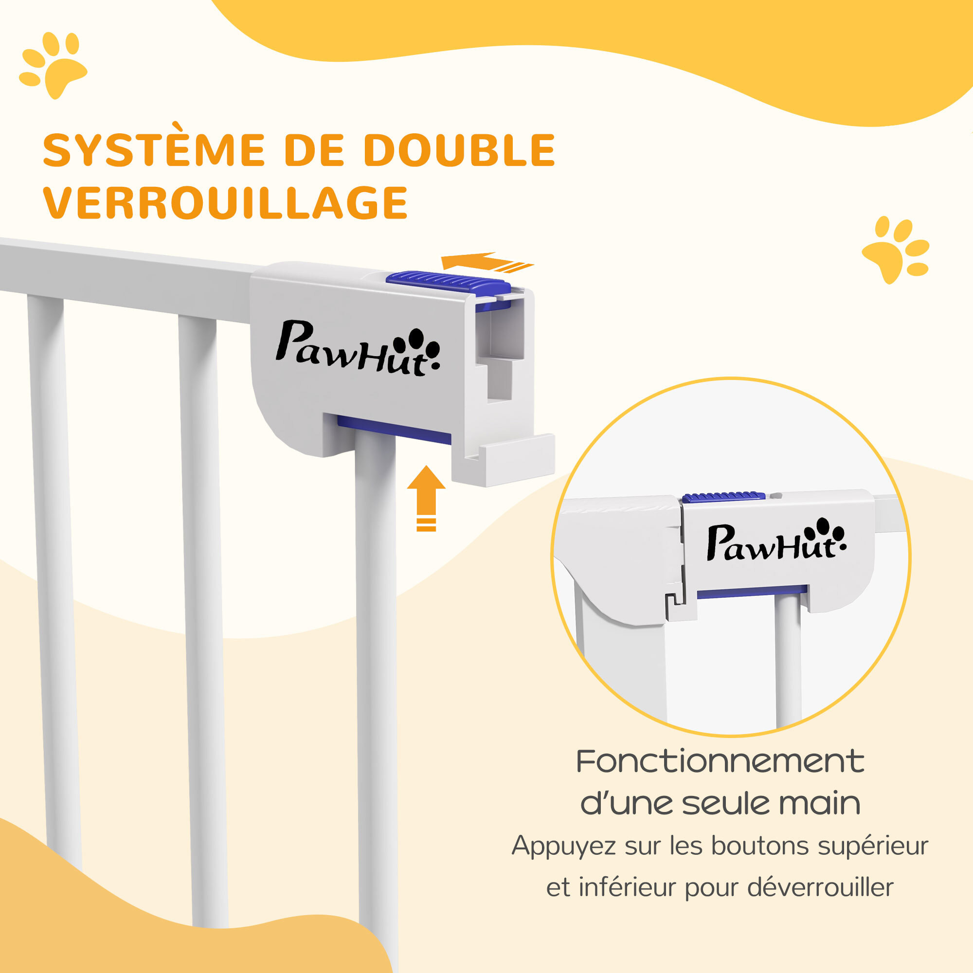 Barrière de sécurité pliable pour chien - 3 panneaux, porte verrouillable - dim. 206L x 90H cm - acier PP blanc