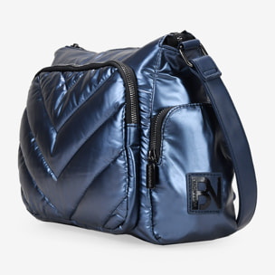 Bolso bandolera acolchada azul metalizado con bolsillos