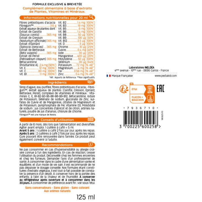 PEDIAKID - 22 Vitamines et Oligo-Éléments - Complément Alimentaire Naturel - Formule Exclusive au Sirop d'Agave - Optimise les Apports en Vitamines et Minéraux - Lot de 3 flacons 125ml