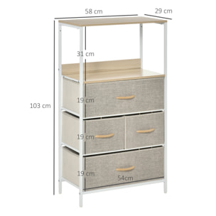 Commode meuble de rangement chiffonnier 4 tiroirs amovibles 1 étagère 58 x 29 x 103 cm gris blanc