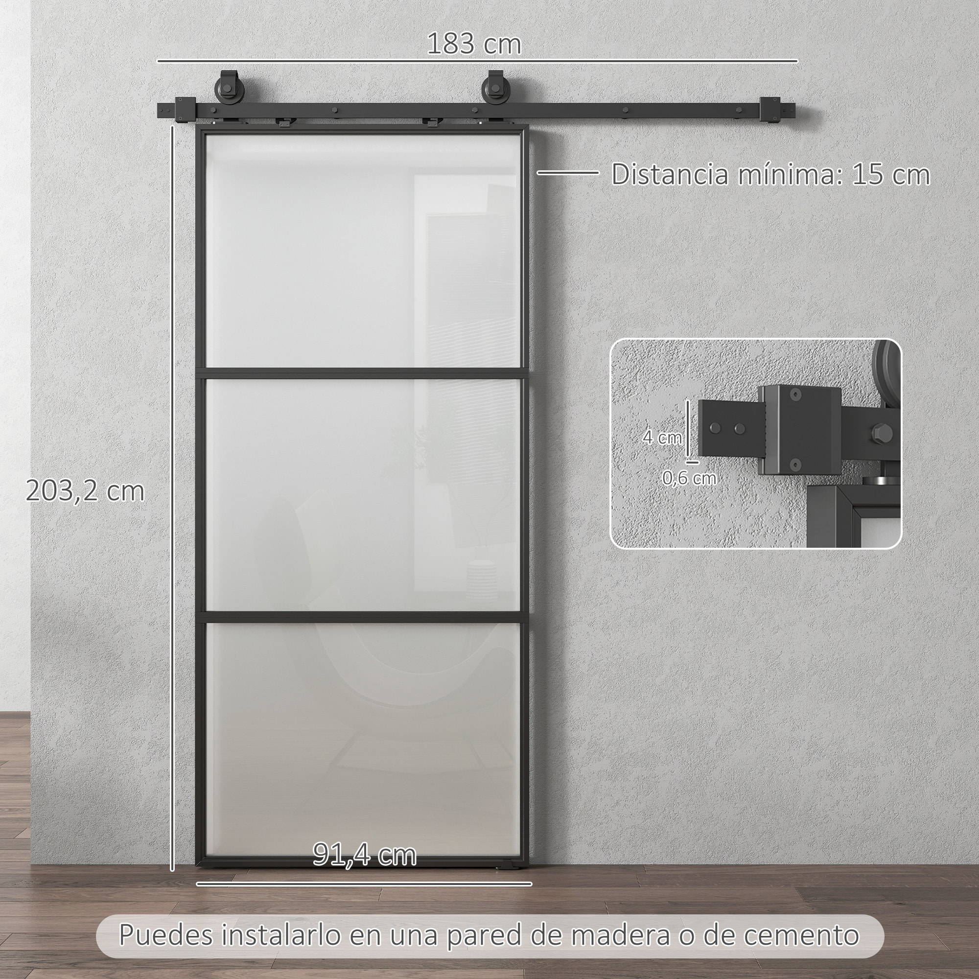 Puerta Corredera con Herrajes Puerta Corredera de Cristal con Mecanismo Cierre Suave para Baño Salón Sala de Estar Cocina 91,4x203,2 cm Negro