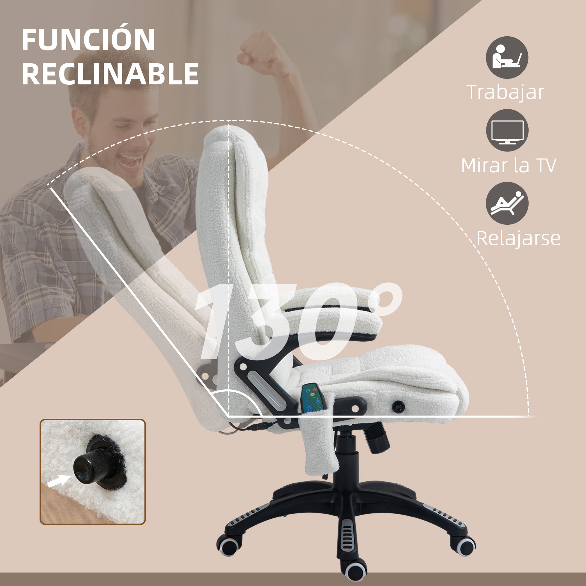 Silla de Masaje con 6 Puntos de Masaje Silla de Oficina Giratoria Silla de Escritorio con Función de Calefacción Altura Ajustable Control Remoto y Reposacabezas Tejido de Borreguillo Blanco