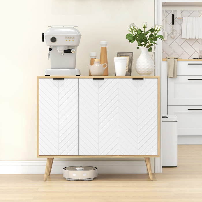 Aparador de Cocina Mueble Auxiliar de Cocina con 3 Puertas con Patrón de Espiga Patas de Madera y Estantes Ajustables Mueble Buffet para Comedor Salón 91,5x35x77,4 cm Blanco y Natural