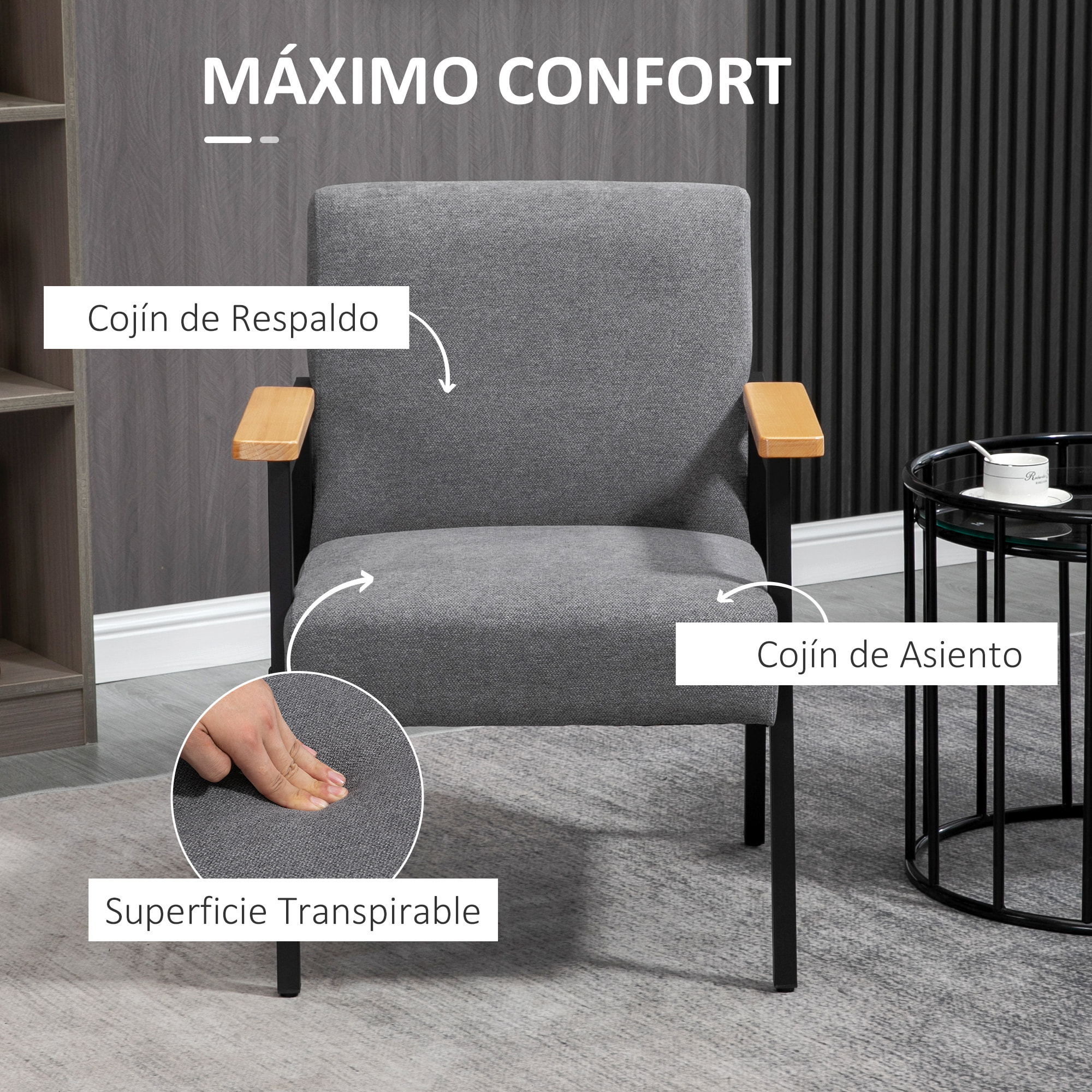 Butaca de Salón Sillón Decorativa Moderna Tapizado en Poliéster con Reposabrazos de Madera y Patas de Acero para Cocina Oficina Dormitorio 64,5x70x83,5 cm Gris